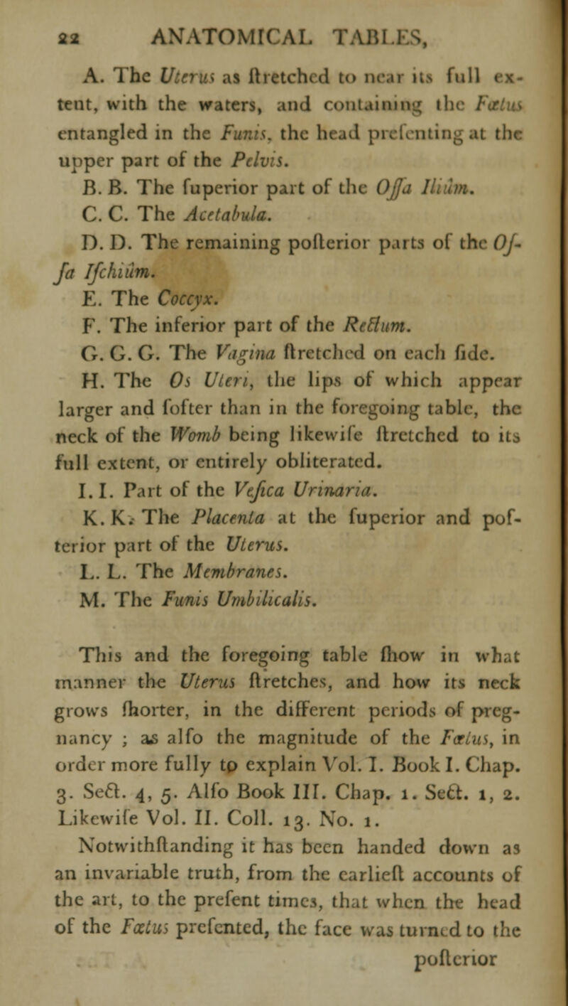 A. The Uterus as ft retched to near iti full tent, with the waters, and containing the entangled in the Funis, the head prefeniing at tbc upper part of the Pelvis. B. B. The fuperior part of the OJJa llrlm. C. C. The Acetabula. D. D. The remaining poitcrior parts of the 0/- ja Ifchulm. E. The Coccyx. F. The inferior part of the Retlum. G. G. G. The Vagina ftrctched on each Gde. H. The Os Uteri, the lips of which appear larger and fofter than in the foregoing table, the neck of the Womb being likewife ilrctched to its full extent, or entirely obliterated. I.I. Part of the Vefica Urinaria. K. K. The Placenta at the fuperior and pof- terior part of the Uterus. L. L. The Membranes. M. The Funis Umbilicalis. This and the foregoing table (how in what manner the Uterus flretches, and how its neck grows fhorter, in the different periods of preg- nancy ; as alfo the magnitude of the Fcrlus, in order more fully tp explain Vol. I. Book I. Chap. 3. Sea. 4, 5. Alfo Book III. Chap. 1. Sect. 1, 2. Likewife Vol. II. Coll. 13. No. 1. Notwithstanding it has been handed down as an invariable truth, from the carliefl accounts of the art, to the prefent times, that when the head of the Foetus prefented, the face was turned to the pollcnor