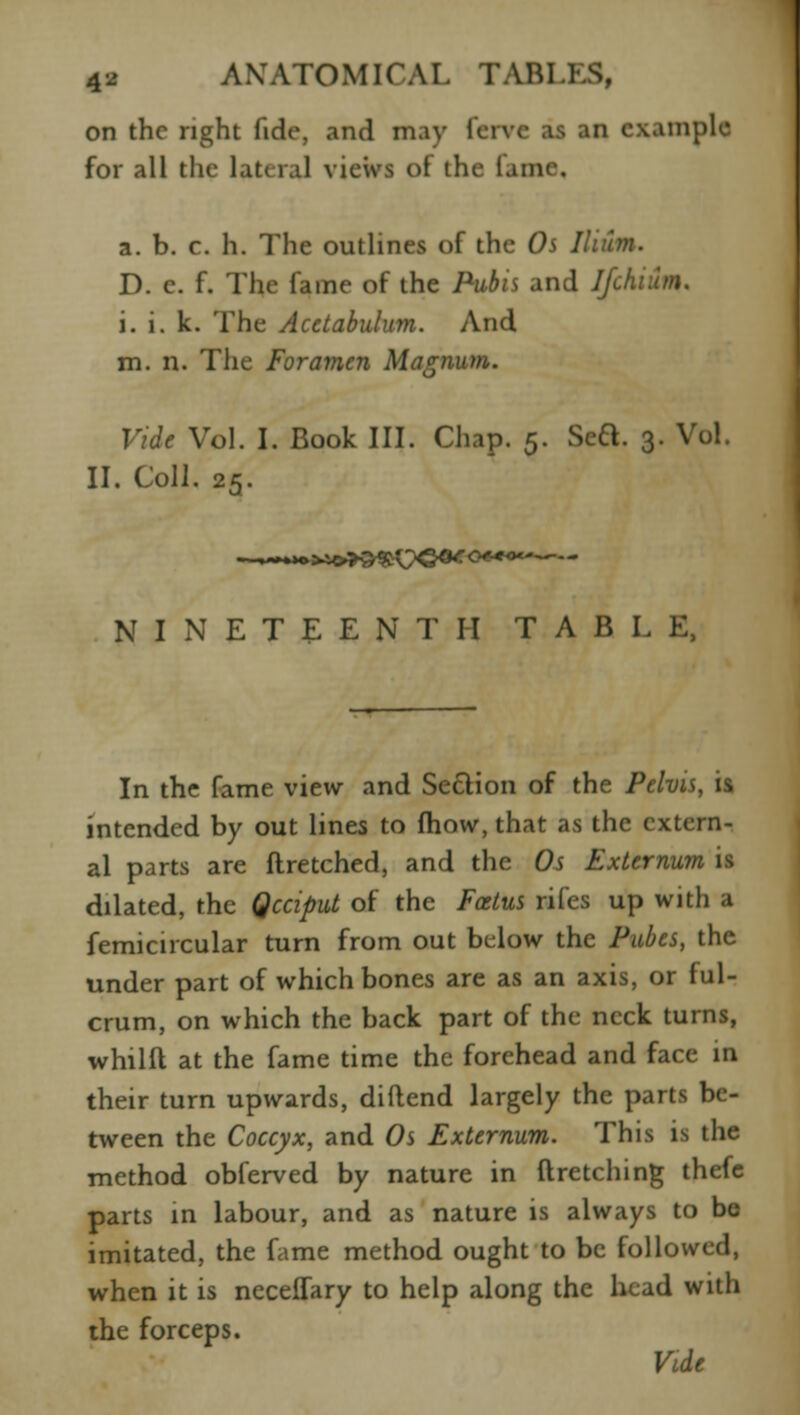 (A ANATOMICAL TABU on the right fide, and m.iv fcrvc as an example for all the lateral views of the fame. a. b. c. h. The outlines of the Os I'< D. c. f. The fame of the Pubis and Ijch i. i. k. The Acetabulum. And m. n. The Foramen Magnum. Vide Vol. I. Book III. Chap. 5. Sett. 3. Vol. II. Coll. 25. NINETEENTH TABLE, In the fame view and Se&ion of the Pelvis, is intended by out lines to fhow, that as the extern- al parts are flretched, and the Os Externum is dilated, the Qcaput of the Foetus riles up with a femicircular turn from out below the Pubes, the under part of which bones are as an axis, or ful- crum, on which the back part of the neck turns, whilft at the fame time the forehead and face in their turn upwards, diftend largely the parts be- tween the Coccyx, and Os Externum. This ia the method obferved by nature in ftretching tlicic parts in labour, and as nature is always to bo imitated, the fame method ought to be followed, when it is neceffary to help along the head with the forceps. Vide