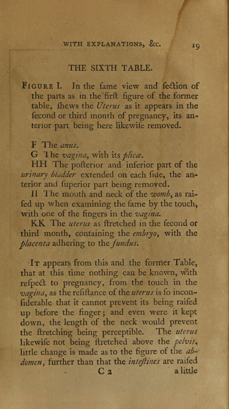 / WITH EXPLANATIONS, &c« jg THE SIXTH TABLE. Figure I. In the fame view and fecTion of the parts as in the firft figure of the former table, fhews the Uterus as it appears in the fecond or third month of pregnancy, its an* tenor part being here likewife removed. F The anus. G The vagina, with its plica. HH The pofterior and inferior part of the urinary bladder extended on each hue, the an- terior and fuperior part being removed. II The mouth and neck of the womb, as rai- fed up when examining the fame by the touch, with one of the fingers in the vagina. KK The uterus as ftretched in the fecond or third month, containing the embryo, with the placenta adhering to the fundus. It appears from this and the former Table, that at this time nothing can be known, with refpecT to pregnancy, from the touch in the vagina, as the refiftance of the uterus is fo incon- fiderable that it cannot prevent its being raifed up before the finger; and even were it kept down, the length of the neck would prevent the ftretching being perceptible. The uterus likewife not being ftretched above the pelvis* little change is made as to the figure of the ab- domen, further than that the inteftines are railed C % a little