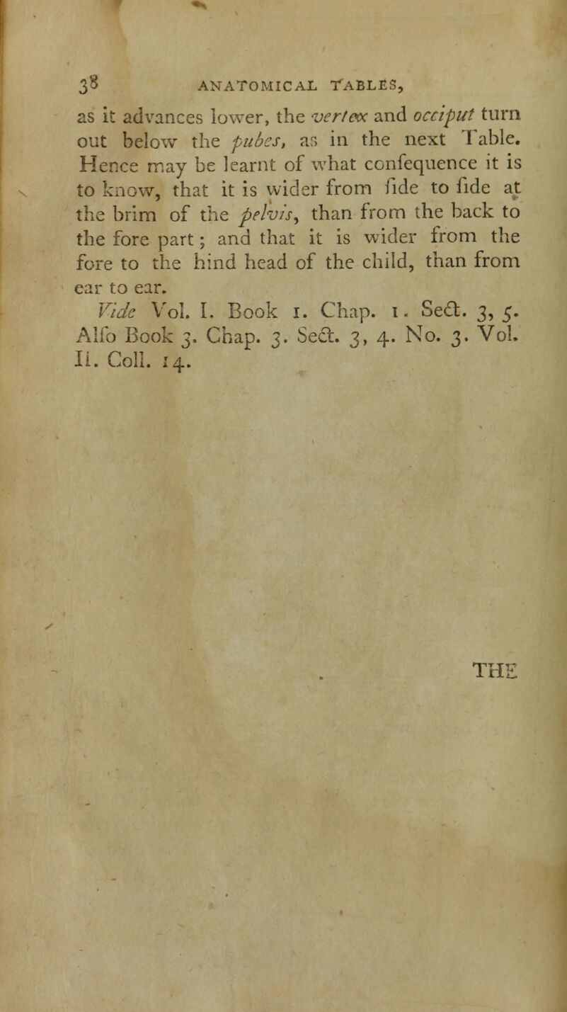 as it advances lower, the vertex and occiput turn out below the pubcs, ar> in the next Table. Hence may be learnt of what confequence it is to know, that it is wider from fide to fide at the brim of the pelvis, than from the back to the fore part; and that it is wider from the fore to the hind head of the child, than from ear to ear. Vide Vol. I. Book 1. Chap. 1. Seel;. 3,$. Alio Book 3. Chap. 3. Sect. 3, 4. No. 3. Vol. Ii. Coll. 14.