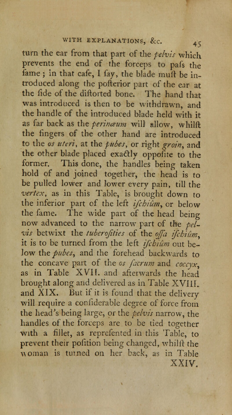 turn the ear from that part of the pelvis which prevents the end of the forceps to pafs the fame ; in that cafe, I fay, the blade muff, be in- troduced along the pofterior part of the ear at the fide of the diftorted bone. The hand that was introduced is then to be withdrawn, and the handle of the introduced blade held with it as far back as the perinaum will allow, whilft the fingers of the other hand are introduced to the os uteri, at the pubes, or right groin, and the other blade placed exa&ly oppofite to the former. This done, the handles being taken hold of and joined together, the head is to be pulled lower and lower every pain, till the vertex, as in this Table, is brought down to the inferior part of the left ifchium, or below the fame. The wide part of the head being now advanced to the narrow part of the pel- vis betwixt the tuberofities of the offa ifchium, it is to be turned from the left ifchium out be- low the pi/bes, and the forehead backwards to the concave part of the os facrum and coccyx, as in Table XVII. and afterwards the head brought along and delivered as in Table XVIII. and XIX. But if it is found that the delivery will require a confiderable degree of force from the head's being large, or the pelvis narrow, the handles of the forceps are to be tied together with a fillet, as reprefented in this Table, to prevent their pofition being changed, whilft the woman is turned on her back, as in Table XXIV.