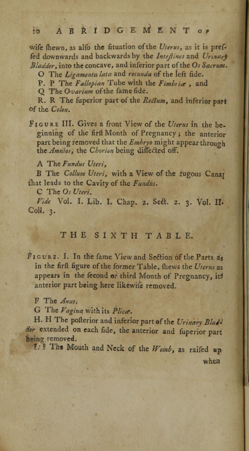 wife fhewn, as alfo the fituation of the Uterus, as it is pref- fed downwards and backwards by the Inttjlines and Urinary Bladder, into the concave, and inferior part of the Os Sacrum. O The Ligamenta lata and rotunda of the left fide. P. P The Fallopian Tube with the Fimbiia , and Q The Ovarium of the fame fide. R. R The fuperior part of the Reclum, and inferior part of the Colon. Figure III. Gives a front View of the Uterus in the be- ginning of the firft Month of Pregnancy ; the anterior part being removed that the Embryo might appear through the Amnios, the Chorion being diffecled off. A The Fundus Uteri, B The Collum Uteri, with a View of the rugous Canaj that leads to the Cavity of the Fundus. C The Os Uteri. Fide Vol. I. Lib. I. Chap. 2. Sea. 2. 3. Vol. II- Coll. 3. THE SIXTH TABLE. Figure. I. In the fame View and Seftion of the Parts ag in the firft figure of the former Table, mews the Uterus as appears in the fecond or third Month of Pregnancy, it* anterior part being here likewife removed. F The Anus. G The Vagina with its Plica. H. H The pofterior and inferior part of the Urinary Blajl der extended on each fide, the anterior and fuperior part feeing removed. 1:1 Th* Mouth and Neck of the Womb, as raifed up when