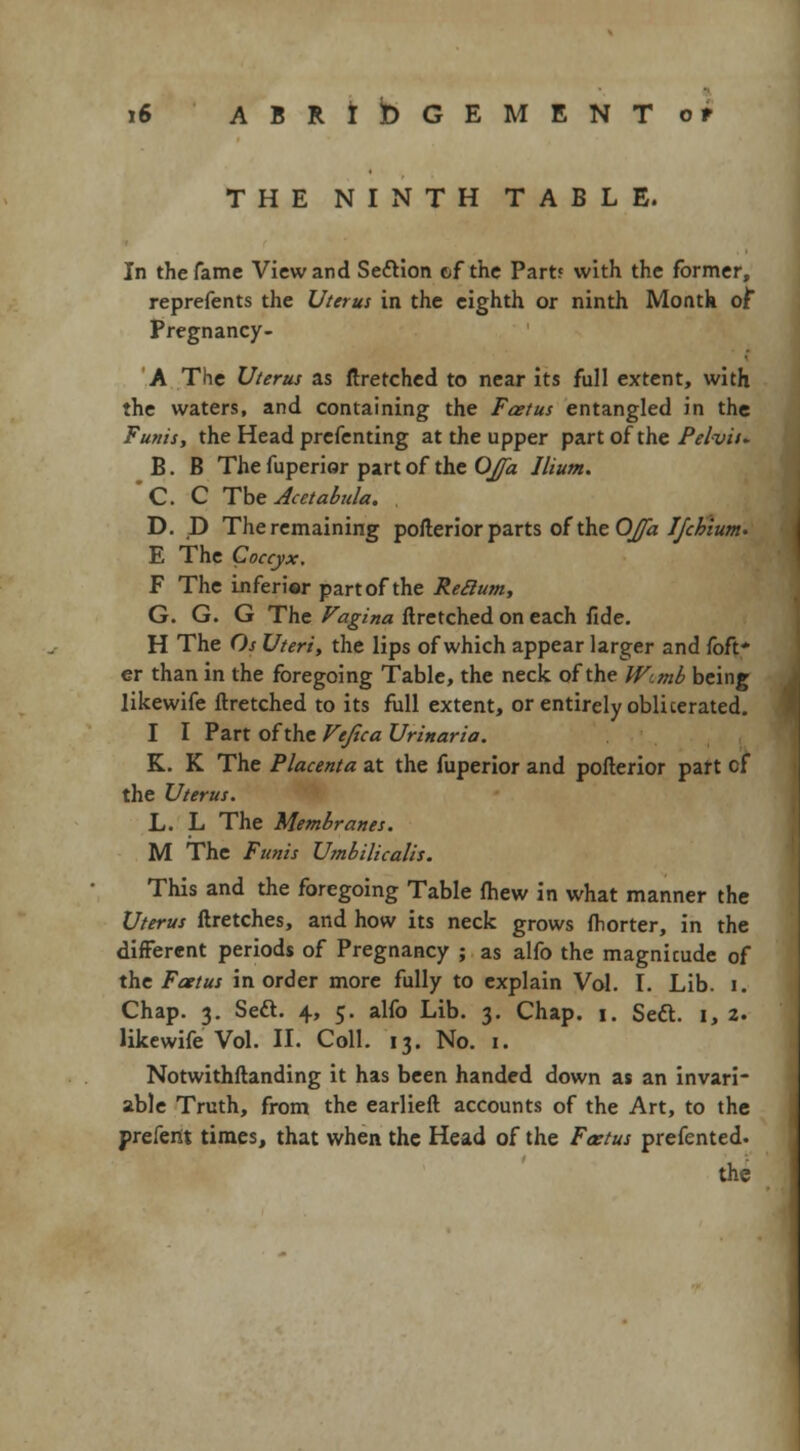 THE NINTH TABLE. In the fame View and Sedlion &f the Part? with the former, reprefents the Uterus in the eighth or ninth Month or Pregnancy- A The Uterus as ftrerched to near its full extent, with the waters, and containing the Foetus entangled in the Funis, the Head prefenting at the upper part of the Pelvis* B. B The fuperior part of the Ojfa Ilium. C. C The Jcetabula. D. D The remaining pofterior parts of the Ojfa IJchium. E The Coccyx, F The inferior part of the ReSlum, G. G. G The Vagina ftretched on each fide. H The Os Uteri, the lips of which appear larger and foft* er than in the foregoing Table, the neck of the JVcmb being likewife ftretched to its full extent, or entirely oblicerated. I I Part of the Vejica Urinaria. K. K The Placenta at the fuperior and pofterior part cf the Uterus. L. L The Membranes. M The Funis Umbilicalis. This and the foregoing Table fhew in what manner the Uterus ftretches, and how its neck grows fhorter, in the different periods of Pregnancy ; as alfo the magnicude of the Foetus in order more fully to explain Vol. I. Lib. i. Chap. 3. Sett. 4, 5. alfo Lib. 3. Chap. 1. Seft. 1, 2. likewife Vol. II. Coll. 13. No. 1. Notwithftanding it has been handed down as an invari- able Truth, from the earlieft accounts of the Art, to the prefertt times, that when the Head of the Foetus prefented. the
