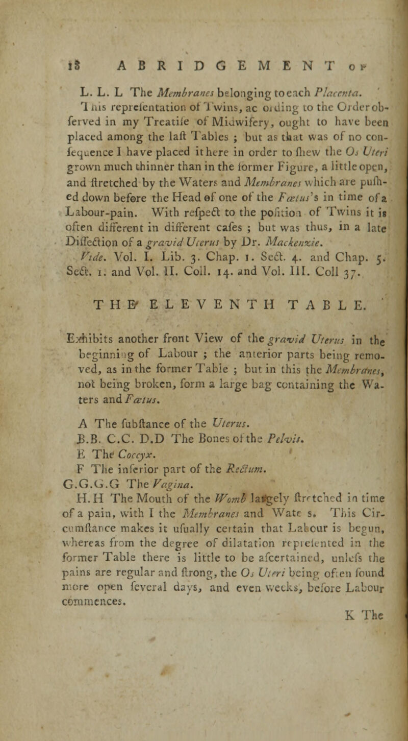 L. L. L The Membranes belonging to each Placenta. rl his representation ot Twins, ac oiding to the Order ob- ferved in my Treatile ot Midwifery, ought to have been placed among the laft Tables ; but as that was of no con- sequence I have placed it here in order to flicw the Oj Uteri grown much thinner than in the lormer Figure, a little open, and ftretched by the Waterf and Membranes which are putti- ed down before the Head ef one of the Fartus's in time of a Labour-pain. With refpeft to the pofition of Twins it ig often different in different cafes ; but was thus, in a late DiiTedlion of a gravid Uterus by Dr. Mackenzie. Vide. Vol. I. Lib. 3. Chap. 1. Setf. 4. and Chap. 5. Soft. 1. and Vol. 1L Coil. 14. jnd Vol. III. Coll 37. TH& ELEVENTH TABLE. Exhibits another front View of the gravid Uterus in the beginning of Labour ; the anterior parts being remo- ved, as in the former Table ; but in this the Membranes, not being broken, form a large bag containing the Wa- ters and Partus. A The fubftance of the Uterus. B.B. C.C. D.D The Bones of the Pelvis. E The Coccyx. F The inferior part of the ReSum. G.G.O.G The Vagina. H.H The Mouth of the Womb laKgely iVtcVd in time of a pain, with I the Membranes and Wate s. This Cir- cumftftnee makes it ufually certain that Labour is begun, whereas from the degree of dilatation reprelented in the former Table there is little to be afcertained, unlefs the pains are regular and flrong, the Os Uim bcinj» of;en found more open feveral days, and even weeks, before Labour commences. K The