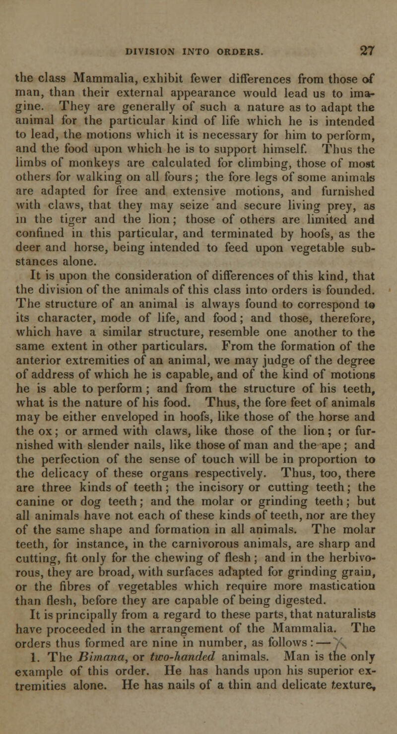 the class Mammalia, exhibit fewer differences from those of man, than their external appearance would lead us to ima- gine. They are generally of such a nature as to adapt the animal for the particular kind of life which he is intended to lead, the motions which it is necessary for him to perform, and the food upon which he is to support himself. Thus the limbs of monkeys are calculated for climbing, those of most others for walking on all fours; the fore legs of some animals are adapted for free and extensive motions, and furnished with claws, that they may seize and secure living prey, as in the tiger and the lion; those of others are limited and confined in this particular, and terminated by hoofs, as the deer and horse, being intended to feed upon vegetable sub- stances alone. It is upon the consideration of differences of this kind, that the division of the animals of this class into orders is founded. The structure of an animal is always found to correspond to its character, mode of life, and food; and those, therefore, which have a similar structure, resemble one another to the same extent in other particulars. From the formation of the anterior extremities of an animal, we may judge of the degree of address of which he is capable, and of the kind of motions he is able to perform ; and from the structure of his teeth, what is the nature of his food. Thus, the fore feet of animals may be either enveloped in hoofs, like those of the horse and the ox; or armed with claws, like those of the lion; or fur- nished with slender nails, like those of man and the ape; and the perfection of the sense of touch will be in proportion to the delicacy of these organs respectively. Thus, too, there are three kinds of teeth; the incisory or cutting teeth; the canine or dog teeth; and the molar or grinding teeth; but all animals have not each of these kinds of teeth, nor are they of the same shape and formation in all animals. The molar teeth, for instance, in the carnivorous animals, are sharp and cutting, fit only for the chewing of flesh; and in the herbivo- rous, they are broad, with surfaces adapted for grinding grain, or the fibres of vegetables which require more mastication than flesh, before they are capable of being digested. It is principally from a regard to these parts, that naturalists have proceeded in the arrangement of the Mammalia. The orders thus formed are nine in number, as follows:—y\ 1. The Bimana, or two-handed animals. Man is the only example of this order. He has hands upon his superior ex- tremities alone. He has nails of a thin and delicate texture.