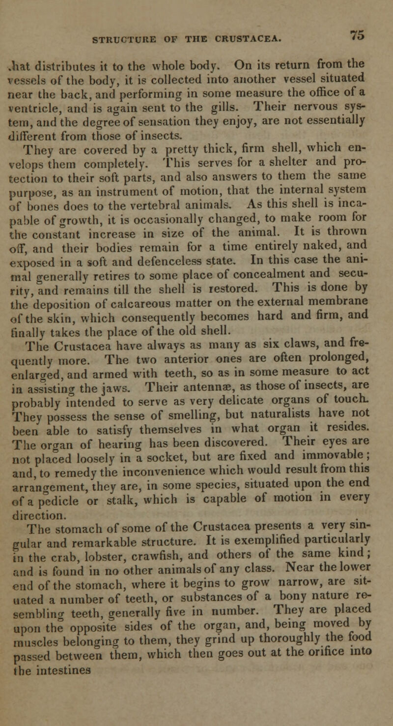 STRUCTURE OF THE CRUSTACEA. .hat distributes it to the whole body. On its return from the vessels of the body, it is collected into another vessel situated near the back, and performing in some measure the office of a ventricle, and is again sent to the gills. Their nervous sys- tem, and the degree of sensation they enjoy, are not essentially different from those of insects. They are covered by a pretty thick, firm shell, which en- velops them completely. This serves for a shelter and pro- tection to their soft parts, and also answers to them the same purpose, as an instrument of motion, that the internal system of bones does to the vertebral animals. As this shell is inca- pable of growth, it is occasionally changed, to make room for the constant increase in size of the animal. It is thrown off, and their bodies remain for a time entirely naked, and exposed in a soft and defenceless state. In this case the ani- mal generally retires to some place of concealment and secu- rity, and remains till the shell is restored. This is done by the deposition of calcareous matter on the external membrane of the skin, which consequently becomes hard and firm, and finally takes the place of the old shell. The Crustacea have always as many as six claws, and fre- quently more. The two anterior ones are often prolonged, enlarged, and armed with teeth, so as in some measure to act in assisting the jaws. Their antennae, as those of insects, are probably intended to serve as very delicate organs of touch. They possess the sense of smelling, but naturalists have not been able to satisfy themselves in what organ it resides. The organ of hearing has been discovered. Their eyes are not placed loosely in a socket, but are fixed and immovable ; and, to remedy the inconvenience which would result from this arrangement, they are, in some species, situated upon the end of a pedicle or stalk, which is capable of motion in every direction. The stomach of some of the Crustacea presents a very sin- gular and remarkable structure. It is exemplified particularly in the crab, lobster, crawfish, and others of the same kind; and is found in no other animals of any class. Near the lower end of the stomach, where it begins to grow narrow, are sit- uated a number of teeth, or substances of a bony nature re- sembling teeth, generally five in number. They are placed upon the opposite sides of the organ, and, being moved by muscles belonging to them, they grind up thoroughly the food passed between them, which then goes out at the orifice into the intestines