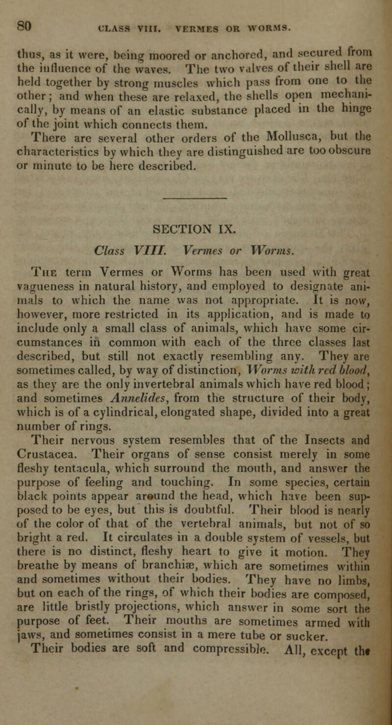 thus, as it were, being moored or anchored, and secured from the influence of the waves. The two valves of their shell are held together by strong muscles which pass from one to the other; and when these are relaxed, the shells open mechani- cally, by means of an elastic substance placed in the hinge of the joint which connects them. There are several other orders of the Mollusca, but the characteristics by which they are distinguished are too obscure or minute to be here described. SECTION IX. Class VIII. Vermes or Worms. The term Vermes or Worms has been used with great vagueness in natural history, and employed to designate ani- mals to which the name was not appropriate. It is now, however, more restricted in its application, and is made to include only a small class of animals, which have some cir- cumstances in common with each of the three classes last described, but still not exactly resembling any. They are sometimes called, by way of distinction, Worms with red blood, as they are the only invertebral animals which have red blood ; and sometimes Annelidcs, from the structure of their body, which is of a cylindrical, elongated shape, divided into a great number of rings. Their nervous system resembles that of the Insects and Crustacea. Their organs of sense consist merely in some fleshy tentacula, which surround the mouth, and answer the purpose of feeling and touching. In some species, certain black points appear areund the head, which have been sup- posed to be eyes, but this is doubtful. Their blood is nearly of the color of that of the vertebral animals, but not of so bright a red. It circulates in a double system of vessels, but there is no distinct, fleshy heart to give it motion. They breathe by means of branchiae, which are sometimes within and sometimes without their bodies. They have no limbs, but on each of the rings, of which their bodies are composed, are little bristly projections, which answer in some sort the purpose of feet. Their mouths are sometimes armed with jaws, and sometimes consist in a mere tube or sucker. Their bodies are soft and compressible. All, except tht