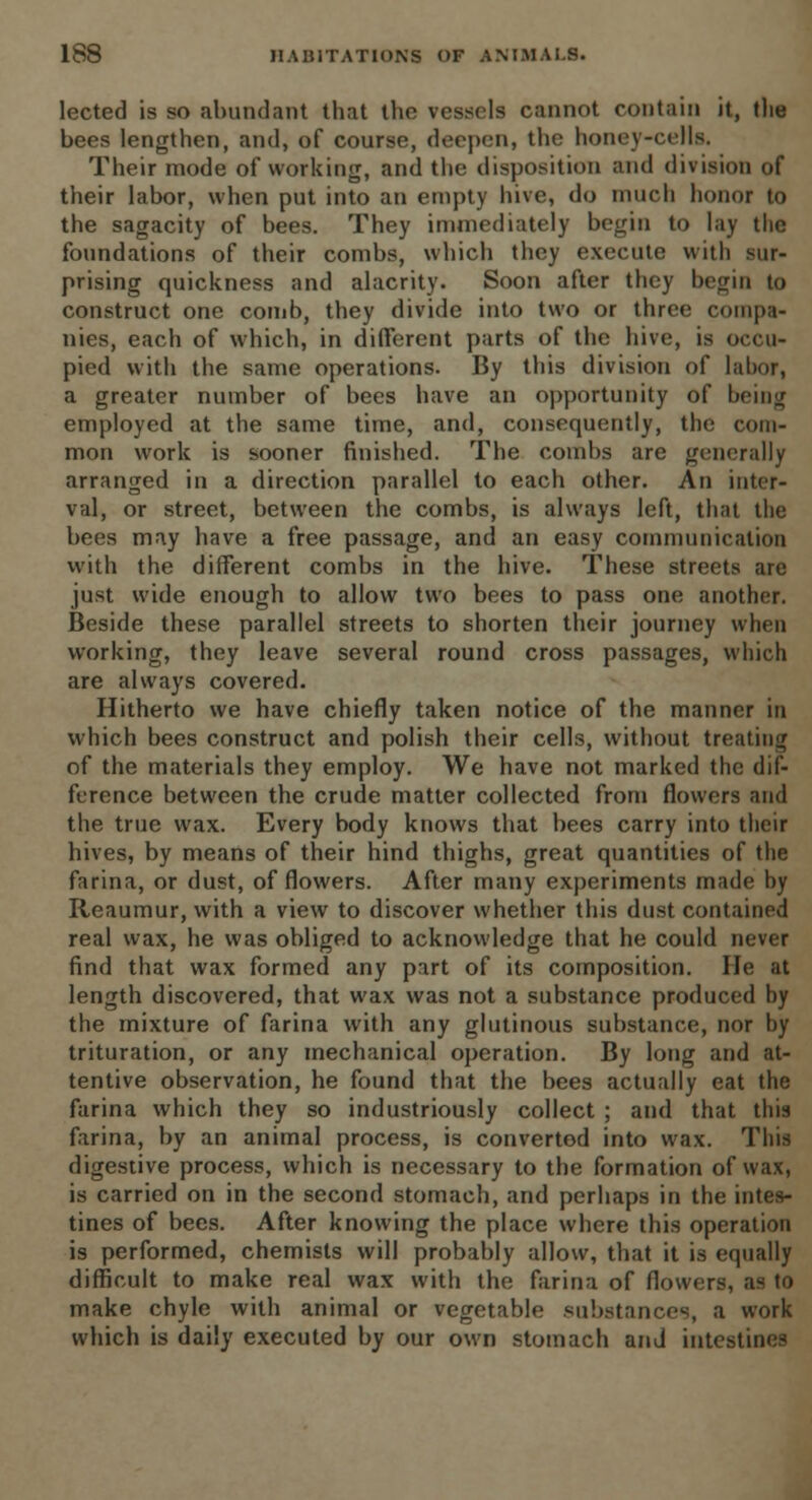 lected is so abundant that the vessels cannot contain it, the bees lengthen, and, of course, deepen, the honey-cells. Their mode of working, and the disposition and division of their labor, when put into an empty hive, do much honor to the sagacity of bees. They immediately begin to lay the foundations of their combs, which they execute with sur- prising quickness and alacrity. Soon after they begin to construct one comb, they divide into two or three compa- nies, each of which, in different parts of the hive, is occu- pied with the same operations. By this division of labor, a greater number of bees have an opportunity of being employed at the same time, and, consequently, the com- mon work is sooner finished. The combs are generally arranged in a direction parallel to each other. An inter- val, or street, between the combs, is always left, that the bees may have a free passage, and an easy communication with the different combs in the hive. These streets are just wide enough to allow two bees to pass one another. Beside these parallel streets to shorten their journey when working, they leave several round cross passages, which are always covered. Hitherto we have chiefly taken notice of the manner in which bees construct and polish their cells, without treating of the materials they employ. We have not marked the dif- ference between the crude matter collected from flowers and the true wax. Every body knows that bees carry into their hives, by means of their hind thighs, great quantities of the farina, or dust, of flowers. After many experiments made by Reaumur, with a view to discover whether this dust contained real wax, he was obliged to acknowledge that he could never find that wax formed any part of its composition. lie at length discovered, that wax was not a substance produced by the mixture of farina with any glutinous substance, nor by trituration, or any mechanical operation. By long and at- tentive observation, he found that the bees actually eat the farina which they so industriously collect ; and that this farina, by an animal process, is converted into wax. This digestive process, which is necessary to the formation of wax, is carried on in the second stomach, and perhaps in the intes- tines of bees. After knowing the place where this operation is performed, chemists will probably allow, that it is equally difficult to make real wax with the farina of flowers, as to make chyle with animal or vegetable .substances, a work which is daily executed by our own stomach and intestines