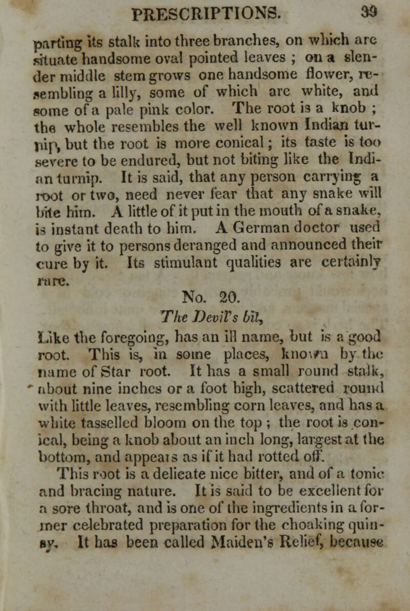 parting Us stalk into three branches, on which arc situate handsome oval pointed leaves ; on a slen- der middle stem grows one handsome flower, re- sembling a lilly, some of which arc white, and some of a pale pink color. The root is a knob ; the whole resembles the well known Indian tur- \n\\ but the root is more conical; its taste is too severe to be endured, but not biting like the Indi- an turnip. It is said, that any person carrying a joot or two, need never fear that any snake will bite him. A little of it put in the mouth of a snake, is instant death to him. A German doctor used to give it to persons deranged and announced their cure by it. Its stimulant qualities are certainly ii» re. No. 20. The DeviVs bit, Like the foregoing, has an ill name, but is a good root. This is, in some places, kno'.fu by the name of Star root. It has a small round stalk, * about nine inches or a foot high, scattered round with little leaves, resembling corn leaves, and has a white tasselled bloom on the top ; the root is con- ical, being a knob about an inch long, largest at the bottom, and appears as if it had rotted off. This root is a delicate nice bitter, and of a tonic and bracing nature. It is said to be excellent for a sore throat, and is one of the ingredients in a for- mer celebrated preparation for the ehoaking qu'm- »v. It has been called Maiden's Relief, because