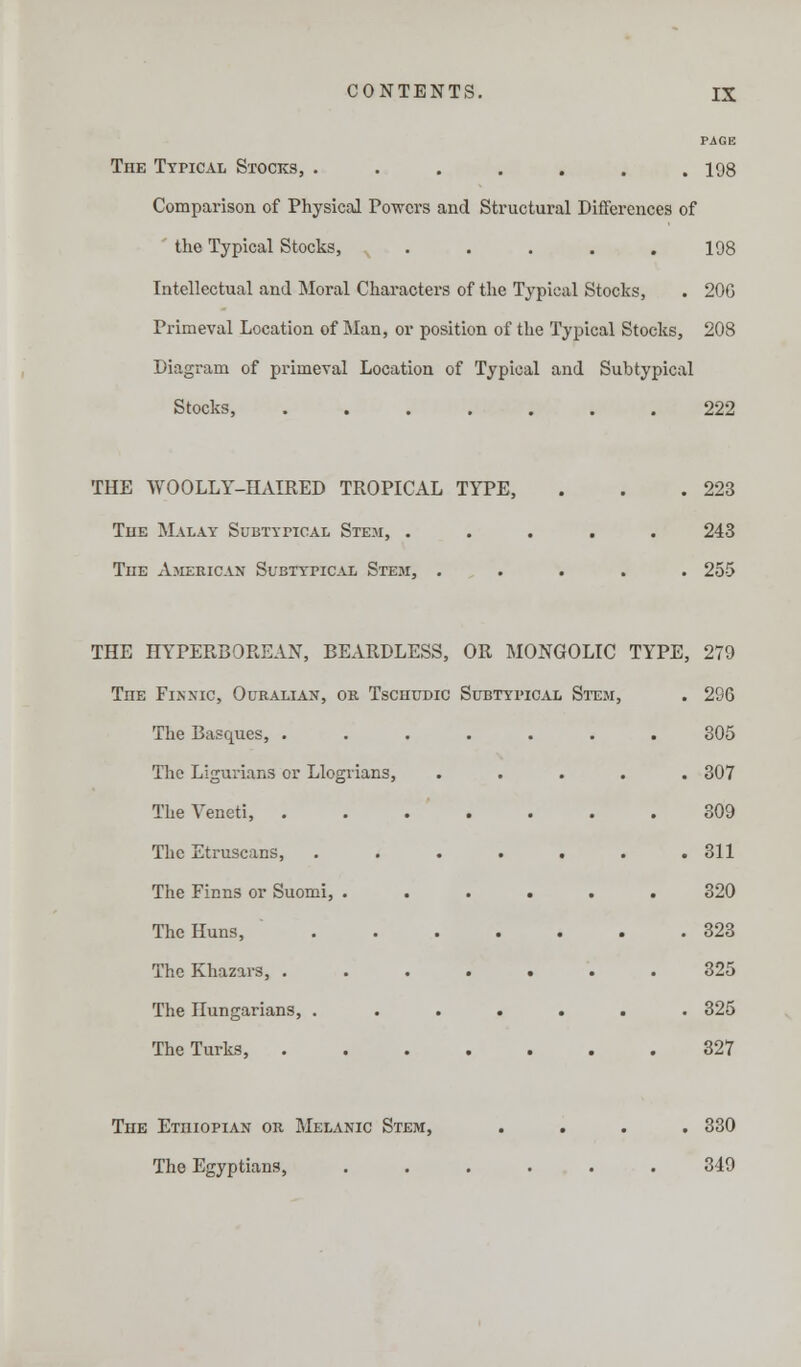 PAGE The Typical Stocks, ....... 198 Comparison of Physical Powers and Structural Differences of the Typical Stocks, ..... 198 Intellectual and Moral Characters of the Typical Stocks, . 20G Primeval Location of Man, or position of the Typical Stocks, 208 Diagram of primeval Location of Typical and Subtypical Stocks, 222 THE WOOLLY-HAIRED TROPICAL TYPE, . . .223 The Malay Subtypical Stem, ..... 243 Tue American Subtypical Stem, ..... 255 THE HYPERBOREAN, BEARDLESS, OR MONGOLIC TYPE, 279 The Finnic, Ouralian, or Tschudic Subtypical Stem, . 29G The Basques, 305 The Ligurians or Llogrians, ..... 307 TheVeneti, 309 The Etruscans, . . . . . . .311 The Finns or Suomi, ...... 320 The Huns, 323 TheKhazars, 325 The Hungarians, ....... 325 The Turks, 327 The Ethiopian or Melanic Stem, .... 330 The Egyptians, 349