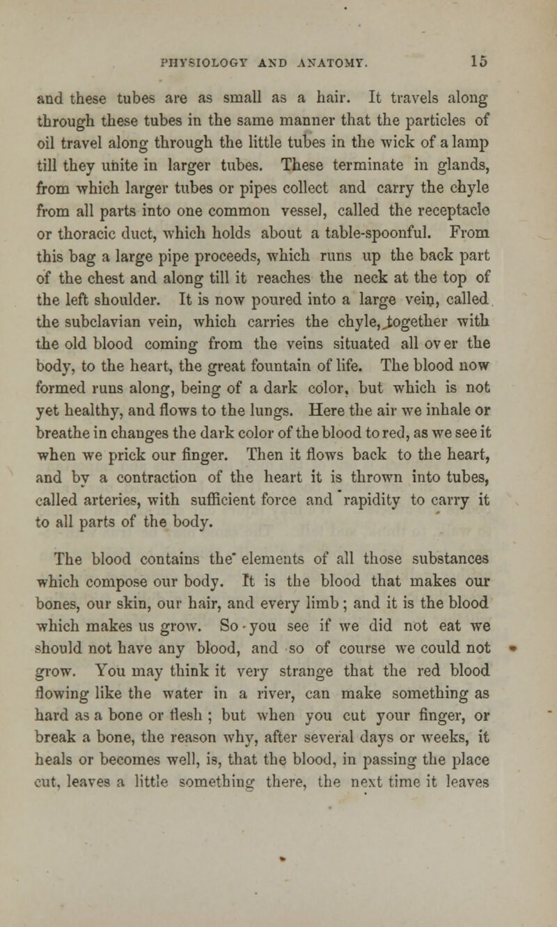 and these tubes are as small as a hair. It travels along through these tubes in the same manner that the particles of oil travel along through the little tubes in the wick of a lamp till they unite in larger tubes. These terminate in glands, from which larger tubes or pipes collect and carry the chyle from all parts into one common vessel, called the receptacle or thoracic duct, which holds about a table-spoonful. From this bag a large pipe proceeds, which runs up the back part of the chest and along till it reaches the neck at the top of the left shoulder. It is now poured into a large vein, called the subclavian vein, which carries the chyle, ^together with the old blood coming from the veins situated all over the body, to the heart, the great fountain of life. The blood now formed runs along, being of a dark color, but which is not yet healthy, and flows to the lungs. Here the air we inhale or breathe in changes the dark color of the blood to red, as we see it when we prick our finger. Then it flows back to the heart, and by a contraction of the heart it is thrown into tubes, called arteries, with sufficient force and rapidity to carry it to all parts of the body. The blood contains the* elements of all those substances which compose our body. It is the blood that makes our bones, our skin, our hair, and every limb; and it is the blood which makes us grow. So - you see if we did not eat we should not have any blood, and so of course we could not grow. You may think it very strange that the red blood flowing like the water in a river, can make something as hard as a bone or flesh ; but when you cut your finger, or break a bone, the reason why, after several days or weeks, it heals or becomes well, is, that the blood, in passing the place cut, leaves a little something there, the next time it leaves