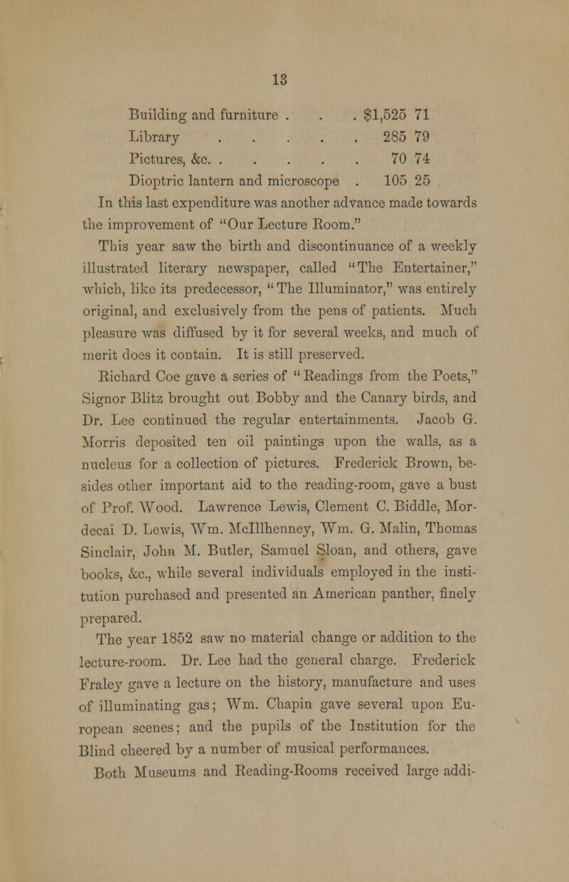 Building and furniture . . . $1,525 71 Library 285 79 Pictures, &c 70 74 Dioptric lantern and microscope . 105 25 In this last expenditure was another advance made towards the improvement of Our Lecture Room. This year saw the birth and discontinuance of a weekly illustrated literary newspaper, called The Entertainer, which, like its predecessor,  The Illuminator, was entirely original, and exclusively from the pens of patients. Much pleasure was diffused by it for several weeks, and much of merit does it contain. It is still preserved. Richard Coe gave a series of  Readings from the Poets, Signor Blitz brought out Bobby and the Canary birds, and Dr. Lee continued the regular entertainments. Jacob G. Morris deposited ten oil paintings upon the walls, as a nucleus for a collection of pictures. Frederick Brown, be- sides other important aid to the reading-room, gave a bust of Prof. AVood. Lawrence Lewis, Clement C. Biddle, Mor- decai D. Lewis, Wm. Mclllhenney, Wm. Gr. Malin, Thomas Sinclair, John M. Butler, Samuel Sloan, and others, gave books, &c, while several individuals employed in the insti- tution purchased and presented an American panther, finely prepared. The year 1852 saw no material change or addition to the lecture-room. Dr. Lee had the general charge. Frederick Frale}7 gave a lecture on the history, manufacture and uses of illuminating gas; Wm. Chapin gave several upon Eu- ropean scenes; and the pupils of the Institution for the Blind cheered by a number of musical performances. Both Museums and Reading-Rooms received large addi-