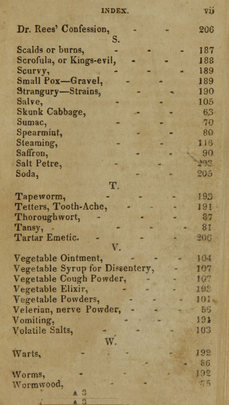 Dr. Rees' Confession, S. Scalds or burns, ... 206 187 Scrofula, or Kings-e?il, 188 Scurvy, - 189 Small Pox—Gravel, 189 Strangury—Strains, - ■» 190 Salve, 105 Skunk Cabbage, 6.3 Sumac, 70 Spearmint, 80 Steaming, 116 Saffron, 90 Salt Petre, Soda, 205 T. Tapeworm, - 193 Tetters, Tooth-Ache, 191 Thoroughwort, - - 87 Tansy, - - 81 Tartar Emetic. 200 V. Vegetable Ointment, - 104 Vegetable Syrup for Dissentery, 107 Vegetable Cough Powder, 107 Vegetable Elixir, 2ftS Vegetable Powders, - 101« Velerian, nerve Powder, - 66 Vomiting, 191 Volatile Salts, 103 W. Warts, J92 - 86 Worms, 192 Wormwood, 1 k .A