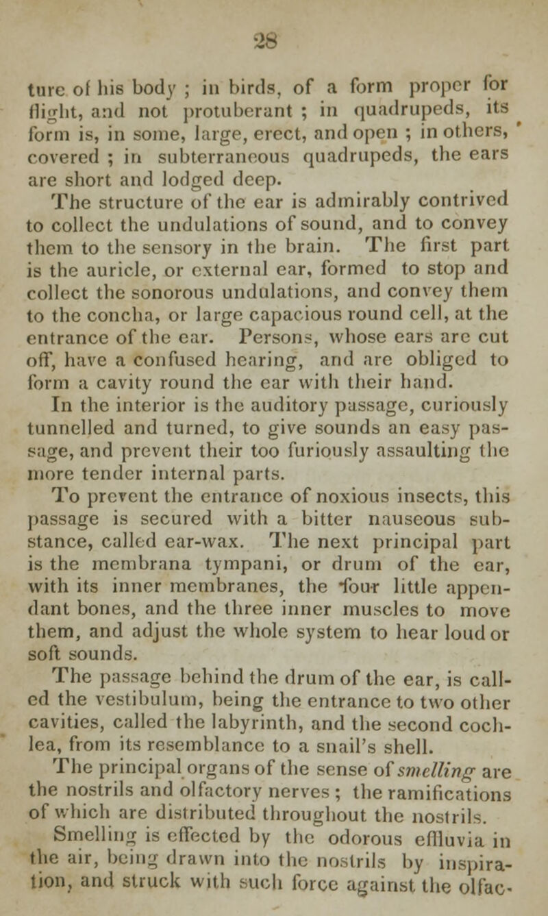 ture of his body ; in birds, of a form proper for flight, and not protuberant ; in quadrupeds, its form is, in some, huge, erect, and open ; in others, ' covered ; in subterraneous quadrupeds, the ears are short and lodged deep. The structure of the ear is admirably contrived to collect the undulations of sound, and to convey them to the sensory in the brain. The first part is the auricle, or external ear, formed to stop and collect the sonorous undulations, and convey them to the concha, or large capacious round cell, at the entrance of the ear. Persons, whose ears are cut off, have a confused hearing, and are obliged to form a cavity round the ear with their hand. In the interior is the auditory passage, curiously tunnelled and turned, to give sounds an easy pas- sage, and prevent their too furiously assaulting the more tender internal parts. To prevent the entrance of noxious insects, this passage is secured with a bitter nauseous sub- stance, called ear-wax. The next principal part is the membrana tympani, or drum of the ear, with its inner membranes, the four little appen- dant bones, and the three inner muscles to move them, and adjust the whole system to hear loud or soft sounds. The passage behind the drum of the ear, is call- ed the vestibulum, being the entrance to two other cavities, called the labyrinth, and the second coch- lea, from its resemblance to a snail's shell. The principal organs of the sense of smelling are the nostrils and olfactory nerves ; the ramifications of which are distributed throughout the nostrils. Smelling is effected by the odorous efiluvia in the air, being drawn into the nostrils by inspira- tion, and struck with such force against the olfac-