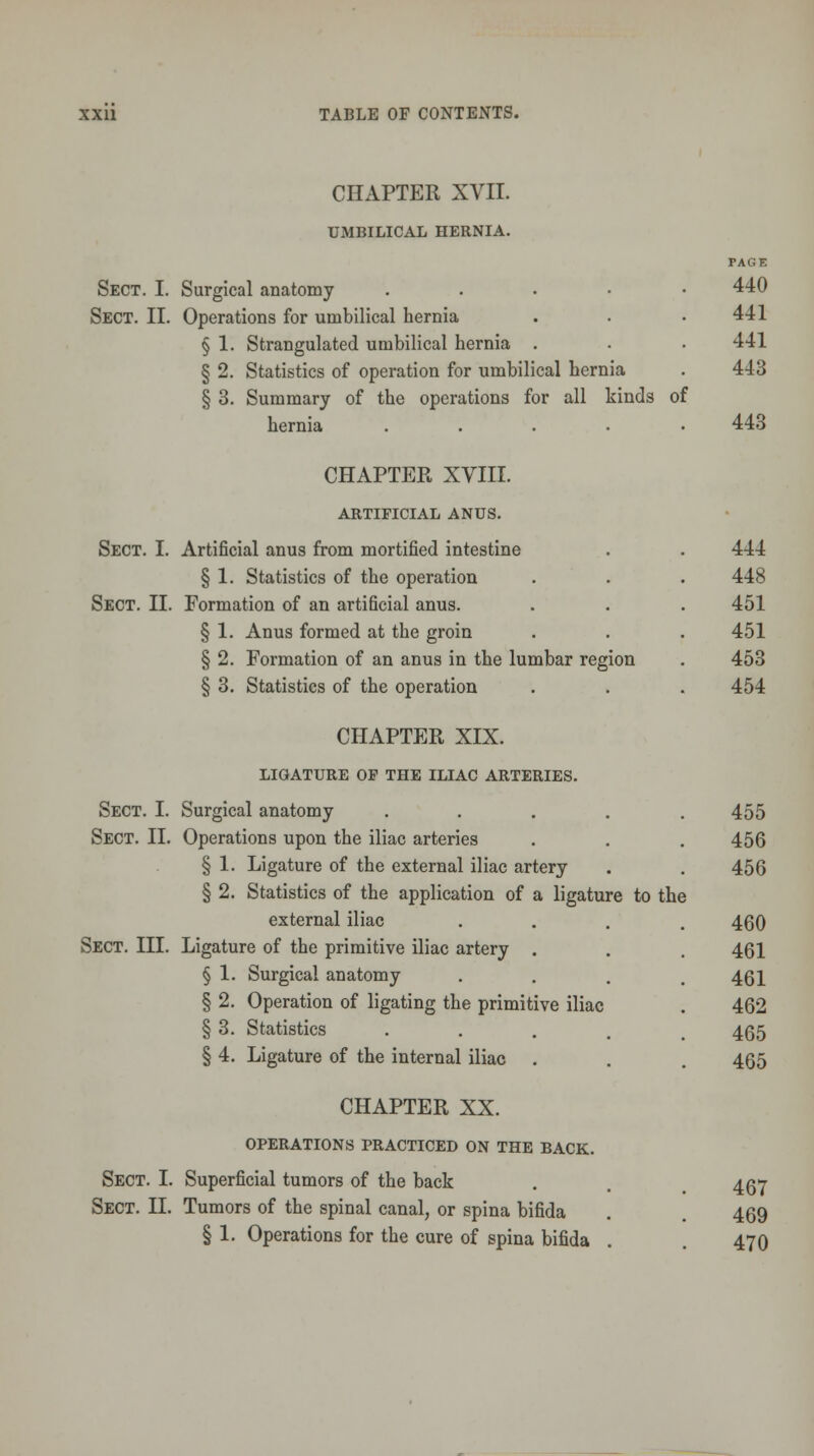 CHAPTER XVII. UMBILICAL HERNIA. Sect. I. Surgical anatomy ..... Sect. II. Operations for umbilical hernia § 1. Strangulated umbilical hernia . § 2. Statistics of operation for umbilical hernia § 3. Summary of the operations for all kinds of hernia ..... CHAPTER XVIII. ARTIFICIAL ANUS. Sect. I. Artificial anus from mortified intestine § 1. Statistics of the operation Sect. II. Formation of an artificial anus. § 1. Anus formed at the groin § 2. Formation of an anus in the lumbar region § 3. Statistics of the operation CHAPTER XIX. LIGATURE OP THE ILIAC ARTERIES. Sect. I. Surgical anatomy .... Sect. II. Operations upon the iliac arteries § 1. Ligature of the external iliac artery § 2. Statistics of the application of a ligature to the external iliac Sect. III. Ligature of the primitive iliac artery . § 1. Surgical anatomy § 2. Operation of ligating the primitive iliac § 3. Statistics .... § 4. Ligature of the internal iliac . CHAPTER XX. OPERATIONS PRACTICED ON THE BACK. Sect. I. Superficial tumors of the back Sect. II. Tumors of the spinal canal, or spina bifida § 1. Operations for the cure of spina bifida PAGE 440 441 441 443 443 444 448 451 451 453 454 455 456 456 460 461 461 462 465 465 467 469 470