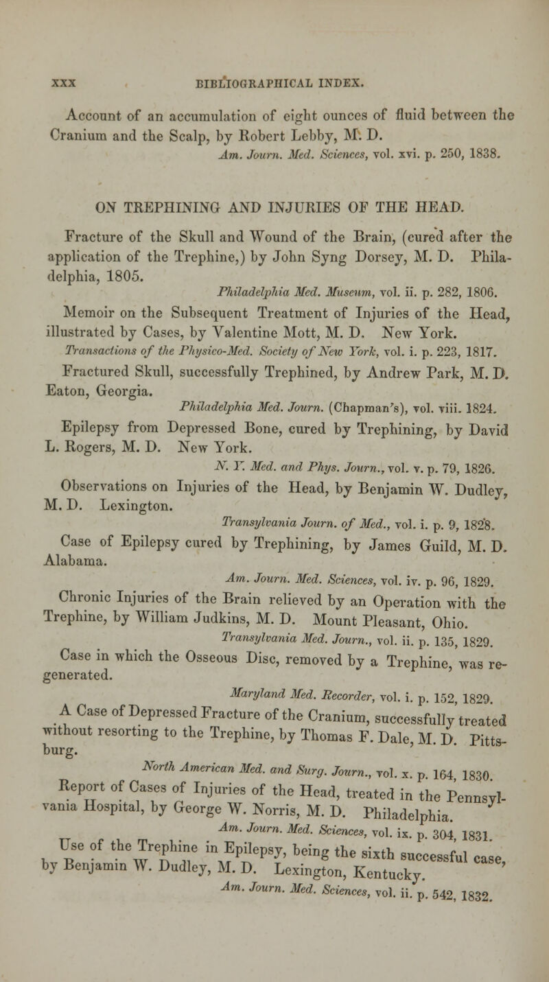 Account of an accumulation of eight ounces of fluid between the Cranium and the Scalp, bj Robert Lebby, M. D. Am. Journ. Med. Sciences, vol. xvi. p. 250, 1838. ON TREPHINING AND INJURIES OF THE HEAD. Fracture of the Skull and Wound of the Brain, (cured after the application of the Trephine,) by John Syng Dorsey, M. D. Phila- delphia, 1805. FliiladelpMa Med. Musettm, vol. ii. p. 282, 1806. Memoir on the Subsequent Treatment of Injuries of the Head, illustrated by Cases, by Valentine Mott, M. D. New York. Transactions of the Physico-Med. Society of New York, vol. i. p. 223, 1817. Fractured Skull, successfully Trephined, by Andrew Park, M. D. Eaton, Georgia. Philadelphia Med. Journ. (Chapman's), vol. viii. 1824. Epilepsy from Depressed Bone, cured by Trephining, by David L. Rogers, M. D. New York. N. T. Med. and Phys. Journ., vol. v. p. 79, 1826. Observations on Injuries of the Head, by Benjamin W. Dudley, M. D. Lexington. Transylvania Journ. of Med., vol. i. p. 9, 182*8. Case of Epilepsy cured by Trephining, by James Guild, M. D. Alabama. Am. Journ. Med. Sciences, vol. iv. p. 96, 1829. Chronic Injuries of the Brain relieved by an Operation with the Trephine, by William Judkins, M. D. Mount Pleasant, Ohio. Transylvania Med. Journ., vol. ii. p. 135, 1829. Case in which the Osseous Disc, removed by a Trephine, was re- generated. Maryland Med. Recorder, vol. i. p. 152 1829 A Case of Depressed Fracture of the Cranium, successfully treated without resorting to the Trephine, by Thomas F. Dale, M. D. Pitts- burg. North American Med. and Surg. Journ., vol. x. p 164 1830 Report of Cases of Injuries of the Head, treated in the Pennsyl- vania Hospital, by George W. Norris, M. D. Philadelphia. Am. Journ. Med. Sciences, vol. ix. p 304 1831 Use of the Trephine in Epilepsy, being the sixth successful case by Benjamin W. Dudley, M. D. Lexington, Kentucky '