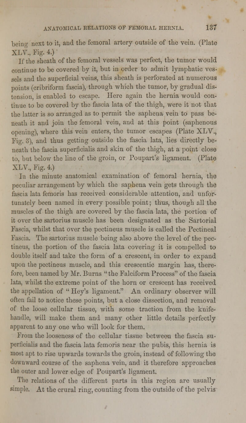 being next to it, and the femoral artery outside of the vein. (Plate XLV., Fig. 4.)' If the sheath of the femoral vessels was perfect, the tumor would continue to be covered by it, but in order to admit lymphatic ves- and the superficial veins, this sheath is perforated at numerous points (cribriform fascia), through which the tumor, by gradual dis- tension, is enabled to escape. Here again the hernia would con- tinue to be covered by the fascia lata of the thigh, were it not that the latter is so arranged as to permit the saphena vein to pass be- neath it and join the femoral vein, and at this fioint (saphenous i i ng), where this vein enters, the tumor escapes (Plate XLV., Fig. 3), and thus getting outside the fascia lata, lies directly be- neath the fascia superficialis and skin of the thigh, at a point close to, but below the line of the groin, or Poupart's ligament. (Plate XLV, Fig. 4.) In the minute anatomical examination of femoral hernia, the peculiar arrangement by which the saphena vein gets through the fascia lata femoris has received considerable attention, and unfor- tunately been named in every possible point; thus, though all the muscles of the thigh are covered by the fascia lata, the portion of it over the sartorius muscle has been designated as the Sartorial Fascia, whilst that over the pectineus muscle is called the Pectineal Fascia. The sartorius muscle being also above the level of the pec- tineus, the portion of the fascia lata covering it is compelled to double itself and take the form of a crescent, in order to expand upon the pectineus muscle, and this crescentic margin has, there- fore, been named by Mr. Burns the Falciform Process of the fascia lata, whilst the extreme point of the horn or crescent has received the appellation of  Hey's ligament. An ordinary observer will often fail to notice these points, but a close dissection, and removal of the loose cellular tissue, with some traction from the knife- haudle, will make them and many other little details perfectly apparent to any one who will look for them. From the looseness of the cellular tissue between the fascia su- perficialis and the fascia lata femoris near the pubis, this hernia is most apt to rise upwards towards the groin, instead of folloAving the downward course of the saphena vein, and it therefore approaches the outer and lower edge of Poupart's ligament. The relations of the different parts in this region are usually simple. At the crural ring, counting from the outside of the pelvis