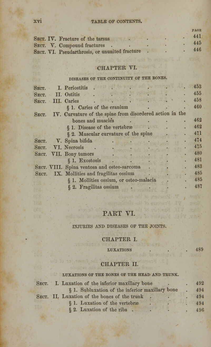 Sect. IV. Fracture of the tarsus Sect. V. Compound fractures . Sect. VI. Pseudoarthrosis, or ununited fracture PAGE 441 445 446 CHAPTER VI. DISEASES OF THE CONTINUITY OF THE BONES Sect. I. Periostitis . Sect. II. Ostitis . Sect. III. Caries . § 1. Caries of the cranium Sect. IV. Curvature of the spine from disordered actioi bones and muscle's § 1. Disease of the vertebra? § 2. Muscular curvature of the spine Sect. V. Spina bifida . Sect. VI. Necrosis . Sect. VII. Bony tumors . . . . § 1. Exostosis . Sect. VIII. Spina ventosa and osteo-sarcoma Sect. IX. Mollities and fragilitas ossium § 1. Mollities ossium, or osteo-malacia § 2. Fragilitas ossium in the 453 455 458 460 462 462 4U 474 475 480 481 483 485 485 487 PART VI. INJURIES AND DISEASES OF THE JOINTS. CHAPTER I. LUXATIONS 489 CHAPTER II. LUXATIONS OF THE BONES OF THE HEAD AND TRUNK. Sect. I. Luxation of the inferior maxillary bone . . 492 § 1. Subluxation of the inferior maxillary bone . 494 Sect. II. Luxation of the bones of the trunk . . .494 § 1. Luxation of the vertebrae . . . 494 § 2. Luxation of the ribs .... 496