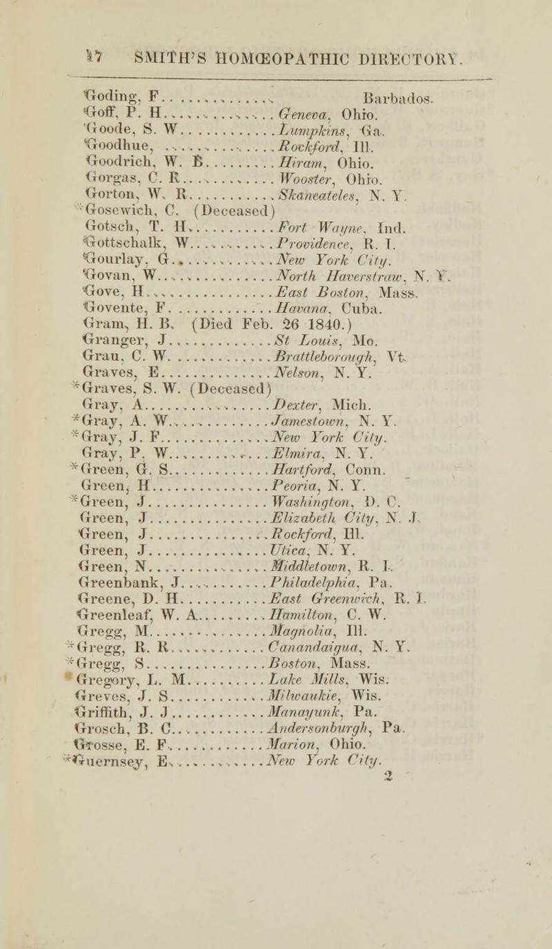 Coding, F , Barbados. * roff. P. H • Geneva. Ohio. 'Goode, S. W Lumpkins, Ga, Goodhue, . ■ Rochfonl. 111. Goodrich, W. B Hi nun, Ohio. Gorgas, C. R Wooster, Ohio. Gortoa, W, R Skaheateles, \. Y. •Goscwich, 0. (Deceased) Gotsch, T. II Fort Wayne, Ind. Gottschalk, W Providence. R. I Gourlay, G AW IV£ ('/V//. 'Govan, W. North Haverstraw, V. 1 Gove, H . s iiW Button. .Mass. Govente, F Havana. Cuba. Gram, H. B, (Died Feb. 26 1840.) Granger, J £< Louis, Mo. Grau. C. W Brattleboroug-h, Vt Graves. E Nelson, N. Y. '* Graves. S. W. (Deceased) Gray, A Dexter, Mich. *Gray, A. W. Jamestown, N. Y. ■■Gray. J. F iVew Fo;-& fHty. Gray; P. W Elmira. N. Y. ■Green, G. S Hartford, Conn. Green, H Peoria, N. Y. :f Green, J Washington, D. C. Green, J Elizabeth City, N. J, Green, J Rockford, HI. Green, J Utica, N. Y. Green, N Middletown, R. I> Greenbank, J. Philadelphia. Pa Greene, D. H -Z?ffs< Greenwivh, R. I. Greenleaf, W. A Hamilton, C. W. Gregg, M Magnolia, 111. 'Gregg, R. R Canandaigua, N. Y. ■ Gregg, S Boston. Mass. Gregory, L. M Lake Mills. Wis. Greves, J. S Milwaukie, Wis. Griffith, J. J Manayunk. Pa. Grosch, B. C Andersonbvrgh, Pa. Gfosse, E. F Marion. Ohio. 'Guernsey, E^ Arf«' Fori C?£y. 2