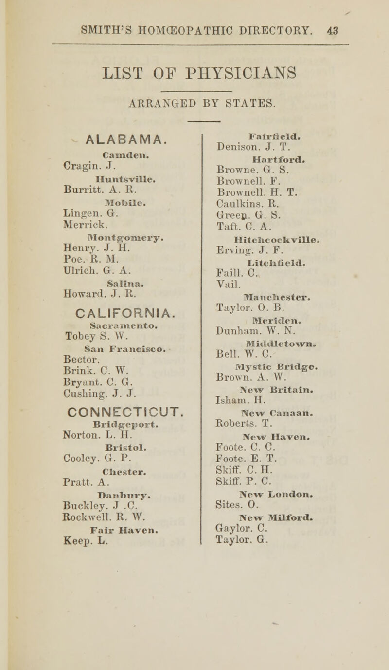 LIST OF PHYSICIANS ARRANGED BY STATES. ALABAMA. Camden. Cragin. J. Hunts ville. Burritt. A. R. Mobile. Lingen. G. Merrick. Montgomery. Henry. J. H. Poe. R. M. Ulrich. G. A. Salina. Howard. J. R. CALIFORNIA. Sacramento, Tobey S. W. San Francisco. Bector. Brink. C. W. Bryant. C. G. Cushing. J. J. CONNECTICUT. Bridgeport. Norton. L. H. Bristol. Cooley. G. P. Chester. Pratt. A. Danbury. Buckley. J .C. Rockwell. R. W. Fair Haven. Keep. L. Fairfield. Denison. J. T. Hartford. Browne. G. S. Brownell. F. Brownell. H. T. Caulkins. R. Green. G. S. Tuft. C. A. HitchcockviHe. Erving. J. F. Litchfield. Faill. C. Vail. Manchester. Taylor. 0. B. Meriden. Dunham. W. N. MMdlctown. Bell. W. C. Mystic Bridge. Brown. A. W. New Britain. Isham. H. New Canaan. Roberts. T. New Haven. Foote. C. C. Foote. E. T. Skiff. C. H. Skiff. P. C. New London. Sites. 0. New Milford. Gaylor. C. Taylor. G.