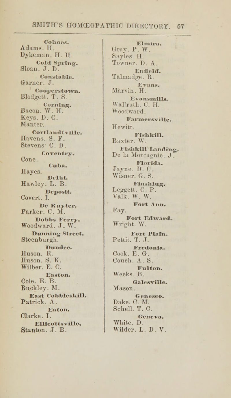 Colioes. Adams. H. Dykeman. II. H. Col<l Spring. Sloan. J. D. Constable. Garner. J. Cooperst own. Blodgett. T. S. Corning. Bacon. W. H. Keys. D. C. Manter. Cortla n jltville. Havens. S. F. Stevens- CD. Coventry. Cone. Cuba. Hayes. Delhi. Havriey. L. B. Deposit. Covert. I. De Riiyter. Parker. CM. Dobbs Ferry. Woodward. J. W. Dunning Street. Steenburgh. Dundee. Huson. R. Huson. S. K. Wilber. E. C. Easton. Cole. E. B. Buckley. M. East Cobbleskill. Patrick. A. Eaton. Clarke. I. Ellicottsvillc, Stanton. J. B. Elmira. Grav. P. W. Sayles. II. Towner. D. A. Enfield. Talmadge. R. Evans, Marvin. H. EvansmilU. Wallrath. C. H. Woodward. Farmersville. Hewitt. FisnkiU. Baxter. W. Fishlcill Landing. De la Montagnie. J. Florida. Jayne. D. C Wisner. G. S. FinsJilug. Lea;gett. C. P. Valk. W. W. Fort Ann. Fay. Fort Edward. Wright. W. Fort Plain. Pettit, T. J. Fredonia. Cook. E. G. Couch. A. S. Fulton. Weeks. B. Galesville. Mason. Geneseo. Dake. C M. Schell. T. C. Geneva. White. D. Wilder. L. D. V.