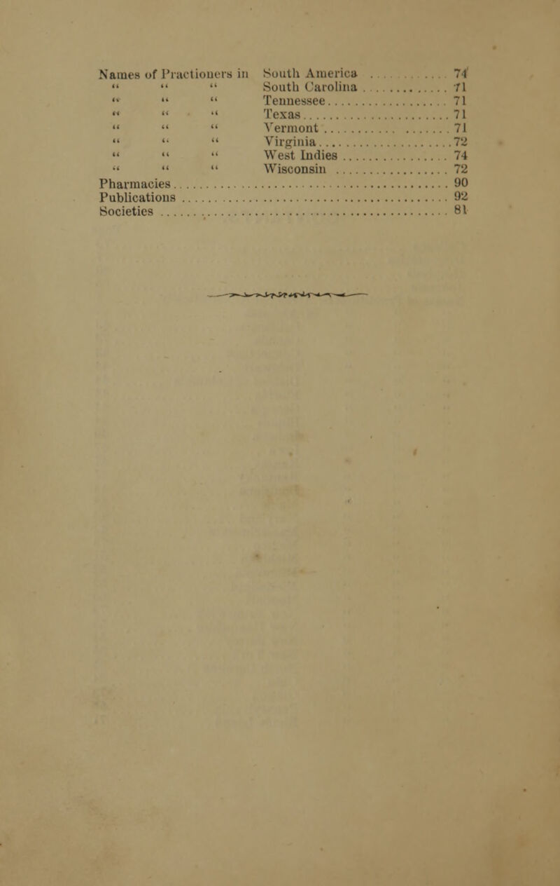 Names of Practioners in South America 7t  •• •• Soutb Carolina 71   Tennessee ?i    Texas 71    Vermont 71  '•  Virginia 72   •' West Indies 74   Wisconsin 72 Pharmacies 90 Publications 92 Societies 81