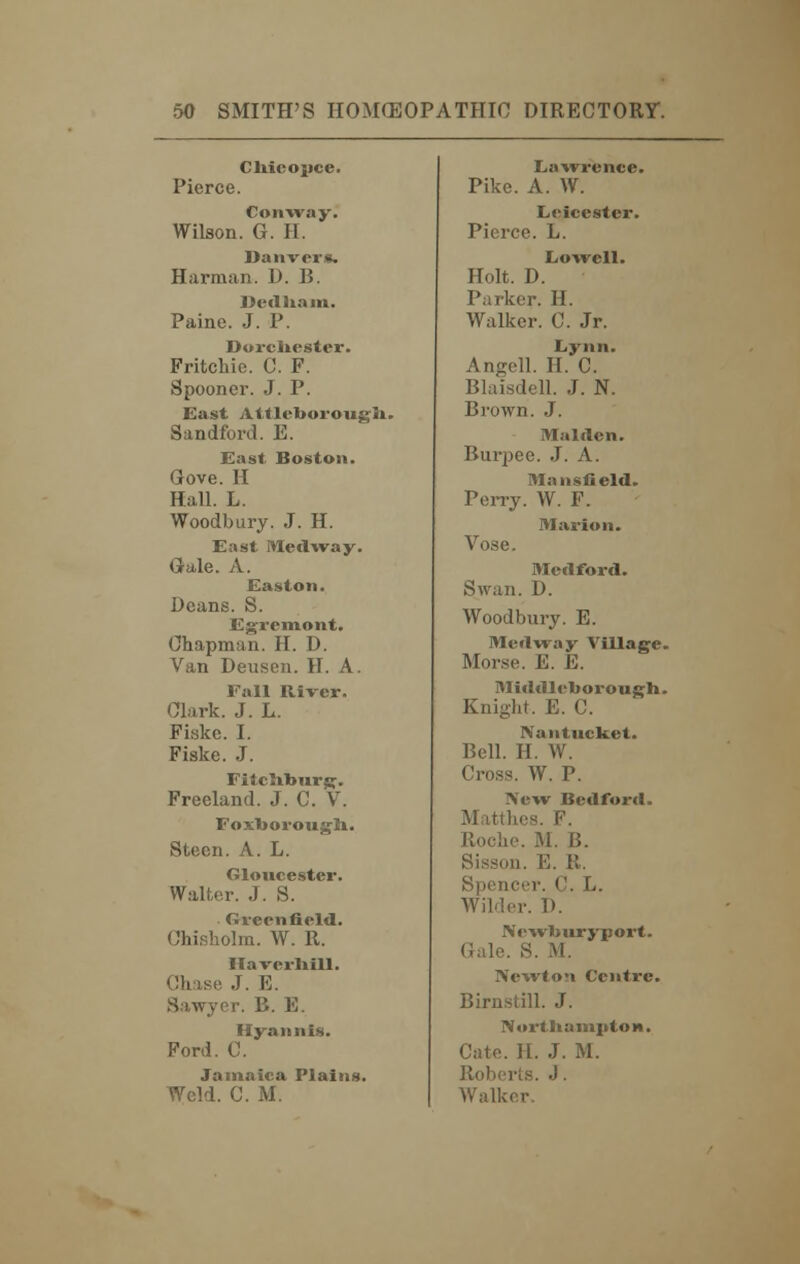 Cuieopce. Pierce. Conway. Wilson. G. H. Oa nvers. Harman. D. B. Dedliam. Paine. J. P. Dorchester. Fritchie. C. F. Spooner. J. P. East Atllcborougli. Sandford. E. East Boston. Gove. H Hall. L. Woodbury. J. H. East Medway. Gale. A. Easton. Deans. S. Egremont. Chapman. H. D. Van Deusen. II. A. Fall River. Clark. J. L. Fiake. I. Fiske. J. Fiicliburjy. Freeland. J. C. V. Foxborough. Steen. A. L. Gloucester. Walter. J. S. Greenfield. Chisholm. W. 11. Ilaverliill. Chase J. E. Sawyer. B. E. Hyannis. Ford. C. Jamaica Plains. Weld. C. M. Lawrence. Pike. A. W. Leicester. Pierce. L. Lowell. Holt. D. r. H. Walker. C. Jr. Lynn. Angell. II. C. Blaisdell. J. N. Brown. J. Maiden. Burpee. J. A. Mansfield. Perry. W. F. Marion. Vose. Medford. Swan. D. Woodbury. E. Medway Village. Morse. E. E. Middleborough. Knight, E. C. Nantucket. Bell. H. W. Cross. W. P. New Bedford. Matthes. F. Roche. M. II. E. It. Spencer. C. L. Wilder. D. NcwlUuryport. Gale. S. M. Newton Centre. Birnstill. J. N ortliampto n. Cate. II. J. M. Roberts. J. Walker.