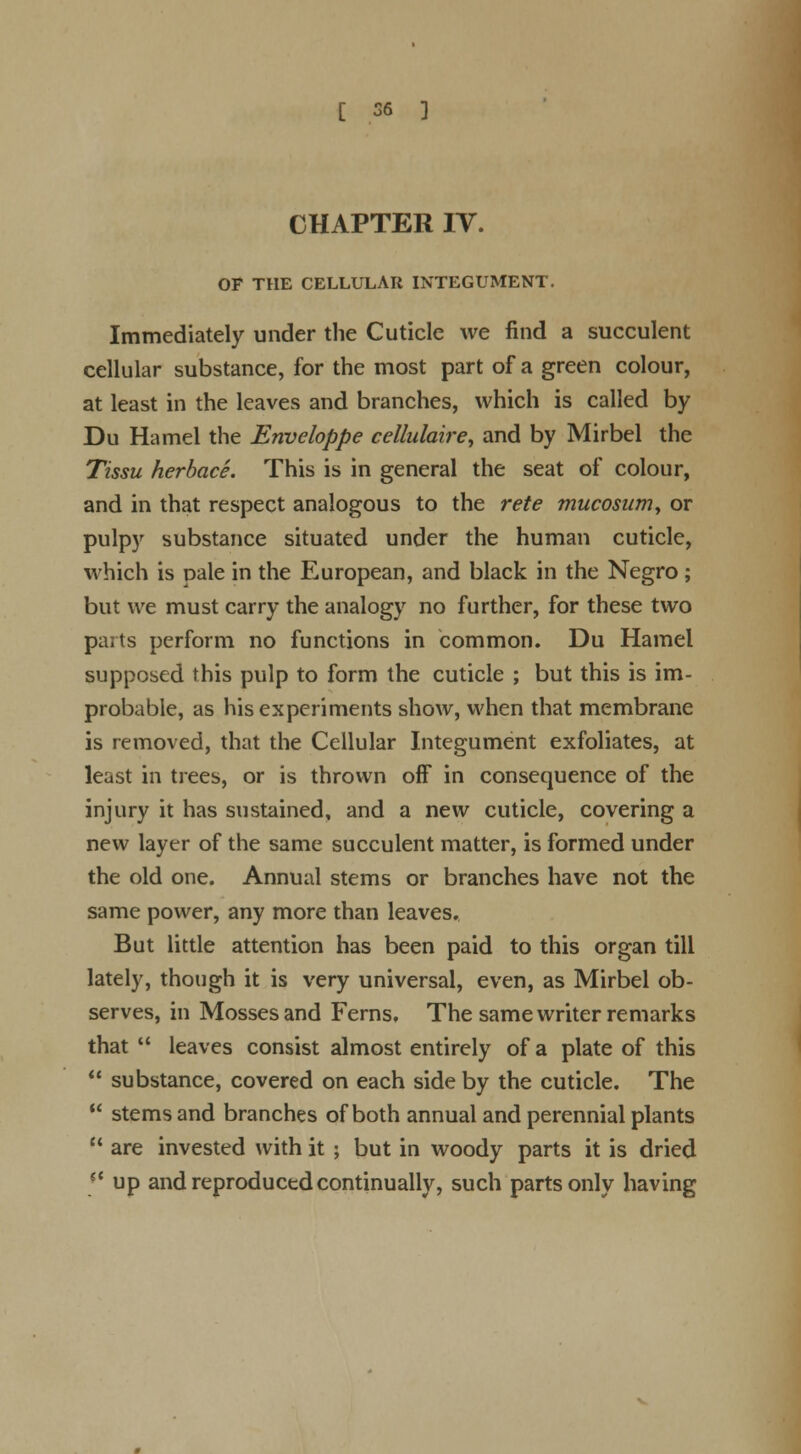 CHAPTER IV. OF THE CELLULAR INTEGUMENT. Immediately under the Cuticle we find a succulent cellular substance, for the most part of a green colour, at least in the leaves and branches, which is called by Du Hamel the Enveloppe cellulaire, and by Mirbel the Tissu herbace. This is in general the seat of colour, and in that respect analogous to the rete mucosum> or pulpy substance situated under the human cuticle, which is Dale in the European, and black in the Negro; but we must carry the analogy no further, for these two parts perform no functions in common. Du Hamel supposed this pulp to form the cuticle ; but this is im- probable, as his experiments show, when that membrane is removed, that the Cellular Integument exfoliates, at least in trees, or is thrown off in consequence of the injury it has sustained, and a new cuticle, covering a new layer of the same succulent matter, is formed under the old one. Annual stems or branches have not the same power, any more than leaves. But little attention has been paid to this organ till lately, though it is very universal, even, as Mirbel ob- serves, in Mosses and Ferns, The same writer remarks that  leaves consist almost entirely of a plate of this  substance, covered on each side by the cuticle. The  stems and branches of both annual and perennial plants  are invested with it ; but in woody parts it is dried (l up and reproduced continually, such parts only having