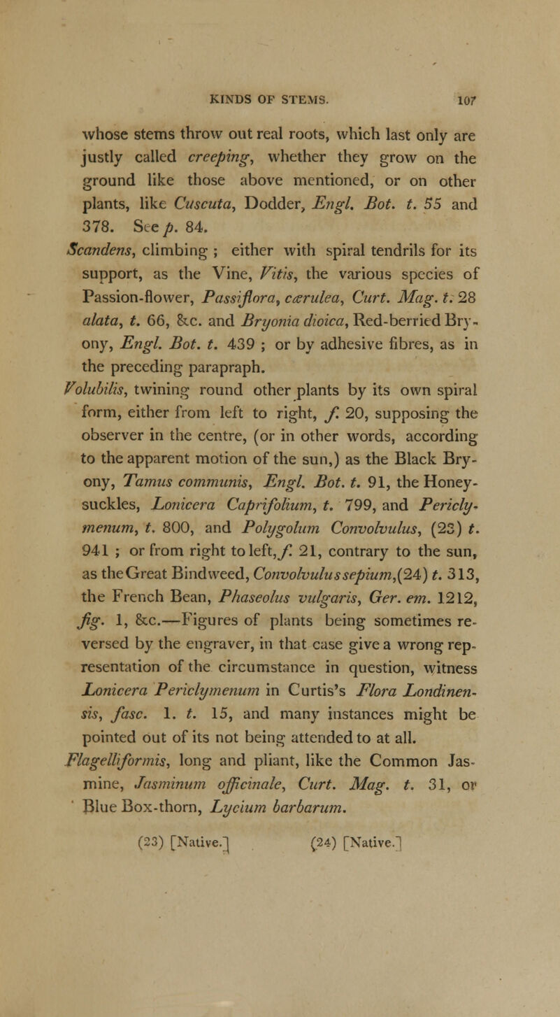 whose stems throw out real roots, which last only are justly called creeping, whether they grow on the ground like those above mentioned, or on other plants, like Cuscuta, Dodder, Engl. Bot. t. 55 and 378. See/>. 84. Scandens, climbing ; either with spiral tendrils for its support, as the Vine, Vitis\ the various species of Passion-flower, Passijlora, caerulea, Curt. Mag. t. 28 alata, t. 66, &.C. and Bryonia dioica, Red-berried Bry- ony, Engl. Bot. t. 439 ; or by adhesive fibres, as in the preceding parapraph. Volubilis, twining round other plants by its own spiral form, either from left to right, f. 20, supposing the observer in the centre, (or in other words, according to the apparent motion of the sun,) as the Black Bry- ony, Tamus communis, Engl. Bot. t. 91, the Honey- suckles, Lonicera Caprifolium, t. 799, and Pericly- menum, t. 800, and Polygolum Convolvulus, (23) t. 941 ; or from right toleft,y^ 21, contrary to the sun, as theGreat Bindweed, Convolvulussepium,(24) t. 313, the French Bean, Phaseolus vulgaris, Ger. em. 1212, Jig. 1, &c.—Figures of plants being sometimes re- versed by the engraver, in that case give a wrong rep- resentation of the circumstance in question, witness Lonicera Periclymenum in Curtis's Flora Londinen- sis, fasc. 1. t. 15, and many instances might be pointed out of its not being attended to at all. Flagellijormis, long and pliant, like the Common Jas- mine, Jasminum officinale, Curt. Mag. t. 31, or $lue Box-thorn, Lycium barbarum. (23) [Native.] (24) [Native.]