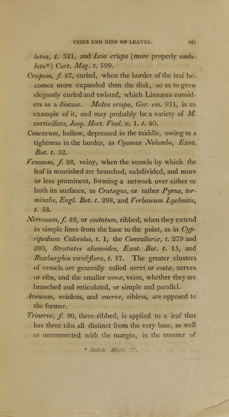 iutea, t. 321, and Ixia crispa (more properly undu- lata*) Curt. Mag. t. 599. Crispum, f. 87, curled, when the border of the leal be- comes more expanded than the disk, so as to grow elegantly curled and twisted, which Linnaeus consid- ers as a disease. Malva crispa, Ger. em. 931, is an example of it, and may probably be a variety of M. verticillata, Jacq. Hart. Find. v. 1. t. 40. Concavum, hollow, depressed in the middle, owing to a tightness in the border, as Cyamus Nelumbo, Exot. Bot. t. 32. Venosum, f. 88, veiny, when the vessels by which the leaf is nourished are branched, subdivided, and more or less prominent, forming a network over either or both its surfaces, as Crataegus, or rather Pyrus, tor- minalls, Engl. Bot. t. 298, and Verbascum Lychnitis, t. 58. Nervosum,/. 89, or costatum, ribbed, when they extend in simple lines from the base to the point, as in Cyp- ripedium Calceolus, t. 1, the Convallarite, t. 279 and 280, Stratiotes alismoides, Exot. Bot. t. 15, and .Roxburghia viridiflora, t. 57. The greater clusters (if vessels are generally called nervi or costce, nerves or ribs, and the smaller vence, veins, whether they are branched and reticulated, or simple and parallel. Avenium, veinless, and enerve, ribless, are opposed to the former. Trinerve, f. 90, three-ribbed, is applied to a leaf that has three ribs all distinct from the very base, as well as unconnected with the margin, in the manner of * Saliib. H'yr:. 37.