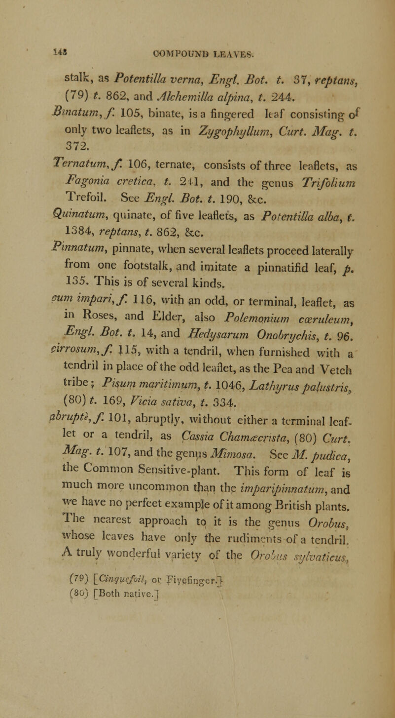 **• COMPOUND LEAVES. stalk, as Potentilla verna, Engl. Bot. t. 37, reptans, (79) t. 862, and Alchemilla alpina, t. 244. Bmatum, f. 105, binate, is a fingered leaf consisting o* only two leaflets, as in Zygophyllum, Curt. Mag. t. 372. Ternatum,/. 106, ternale, consists of three leaflets, as Fagonia cretica, t. 211, and the genus Trifolium Trefoil. See Engl. Bot. t. 190, &c. Quinatum, quinate, of five leaflets, as Potentilla alba, t. 1384, reptans, t. 862, &c. Pinnatum, pinnate, when several leaflets proceed laterally from one footstalk, and imitate a pinnatifid leaf, />. 135. This is of several kinds. cum imparuf. 116, with an odd, or terminal, leaflet, as in Roses, and Elder, also Polemonium cceruleum, Engl. Bot. t. 14, and ffedysarum Onobrychis, t. 96. cirrosum,/. }15, with a tendril, when furnished with a tendril jn place of the odd leaflet, as the Pea and Vetch tribe; Pisum maritimum, t. 1046, Lathyr us palustris, (80) t. 169, Vicia sativa, t. 334. abrupt^/. 101, abruptly, without either a terminal leaf- let or a tendril, as Cassia Chamxcnsta, (80) Curt. Mag. t. 107, and the genus Mimosa. See M. pudica, the Common Sensitive-plant. This form of leaf is much more uncommon than the imparipinnatum, and we have no perfect example of it among British plants. The nearest approach to it is the genus Orobus, whose leaves have only the rudiments of a tendril. A truly wonderful variety of the Qrobus sylvatkusu (79) {Cinquefoil) or Fiyefingcr.T-