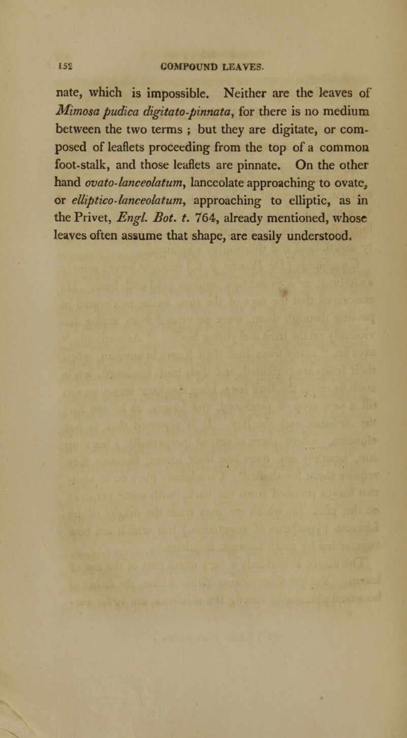 nate, which is impossible. Neither are the leaves of Mimosa pudica digitato-pinnata, for there is no medium between the two terms ; but they are digitate, or com- posed of leaflets proceeding from the top of a common foot-stalk, and those leaflets are pinnate. On the other hand ovato-lanceolatumy lanceolate approaching to ovate, or elliptico-lanceolatum, approaching to elliptic, as in the Privet, Engl. Bot. t. 764, already mentioned, whose leaves often assume that shape, are easily understood.