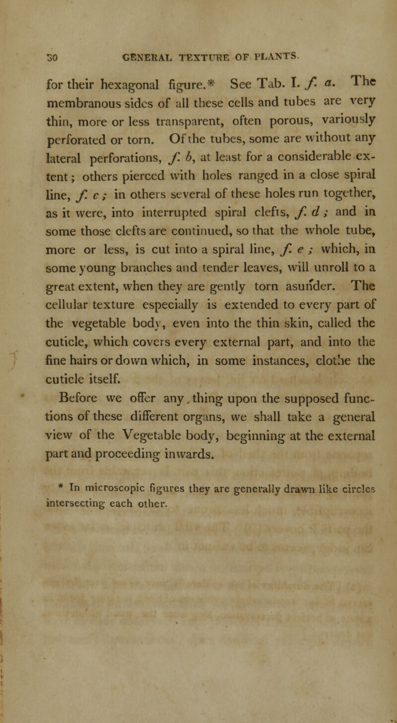 for their hexagonal figure.* See Tab. I. f- a. The membranous sides of all these cells and tubes are very- thin, more or less transparent, often porous, variously perforated or torn. Of the tubes, some are without any lateral perforations, f. b, at least for a considerable ex- tent ; others pierced with holes ranged in a close spiral line, f.c; in others several of these holes run together, as it were, into interrupted spiral clefts, f>d; and in some those clefts are continued, so that the whole tube, more or less, is cut into a spiral line, f. e ; which, in some young branches and tender leaves, will unroll to a great extent, when they are gently torn asunder. The cellular texture especially is extended to every part of the vegetable body, even into the thin skin, called the cuticle, which covers every external part, and into the fine hairs or down which, in some instances, clothe the cuticle itself. Before we offer any.thing upon the supposed func- tions of these different organs, we shall take a general view of the Vegetable body, beginning at the external part and proceeding inwards. * In microscopic figures they are generally drawn like circles intersecting each other.