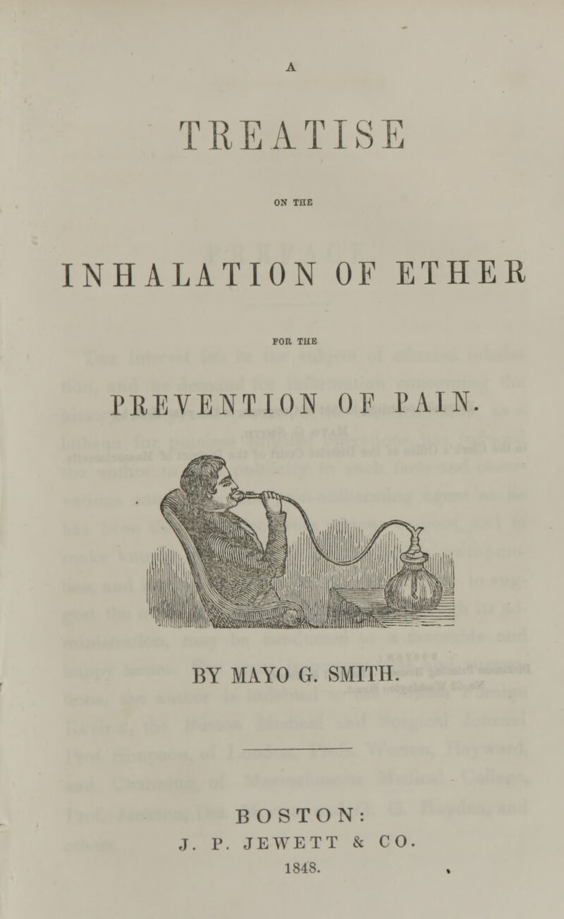 TREATISE INHALATION OF ETHER PREVENTION OF PAIN BY MAYO G. SMITH. BOSTON: J. P. JEWETT & CO 1848.