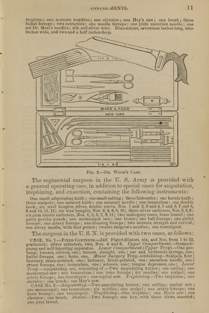 trephine; one necrosis trephine; one elevator; one Hey's saw; one brush; three bullet forceps ; two retractors ; one needle forceps; one plain aneurism needle ; one set Dr. Mott's needles; silk and silver wire. Dimensions, seventeen inches long, nine inches wide, and two and a half inches deep. Fig. 2.—Dr. Wood's Case. The regimental surgeon in the U. S.. Army is provided with a general operating case, in addition to special cases for amputation, trephining, and exsection, containing the following instruments: One small amputating knife ; one small catling ; three bistouries; one hernia knife ; three scalpels; one cataract knife; one cataract needle ; one tenaculum; one double honk; six steel bougies, silver, double curve, Nos. 1 and 2, 3 and 4, 5 and 6, 7 and 8, 9 and 10, 11,12; six wax bougies, Nos. 2, 4, 6,8,10; three silver catheters, Nos. 3, 0,9; six gum elastic catheters, Nos. 1, 3, 5, 7, 9.11; two mahogany cases, brass bound ; one gutta percha poach; one metacarpal saw; one trocar; one ball forceps; one gullet forceps; one artery forceps ; one dressing forceps; two scissors, straight and curved ; one artery needle, with four points; twelve surgeon's needles; one tourniquet. The surgeon in the U. S. N. is provided with two cases, as follows: CASE, No. 1.—Fixed Contents.—Lid. Plated dilators, six, and Nos. from 1 to 12, graduated; silver catheters, two, Nos. 4 and 0. Upper Compartment—Stomach- pump and self-injecting apparatus. Lower Compartment (Upper Tray).—One pro- bang; trocars, curved, one; trocars, straight, one; ear and hydrocele syringe, one; bullet forceps, one; hone, one. Minor Surgery Tray, containing—Scalpel's, four; bistoury, sharp-pointed, one; bistoury, blunt-pointed, one; aneurism needle, one; artery forceps, one; tenaculum, one; scissors, one; tongue depressor,one; Lower Tray.—Amputating set, consisting of.—Two amputating knives; one catling; one metacarpal saw; one tenaculum; one bone forceps; six needles; one scalpel; one artery forceps ; one tourniquet ; one capital saw. Trephining.—Two trephines ; one elevator; one brush; one Hey's saw. CASK No. 2.—Amputating.—Two amputating knives; one catling; capital saw; one metacarpal; one tenaculum ; six needles; one, scalpel; one artery forceps; one bone, forceps; one tourniquet. Trephining.—One trephine; one HeyJs saw; one elevator; one brush. Denial.—Two forceps; one key, with three claws, assorted ; one gum lancet.