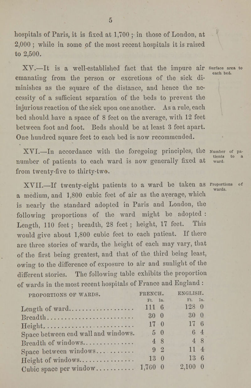 hospitals of Paris, it is fixed at 1,700 ;- in those of London, at 2,000 ; while in some of the most recent hospitals it is raised to 2,500. XY.—It is a 'well-established fact that the impure air surface area to each bed. emanating from the person or excretions of the sick di- minishes as the square of the distance, and hence the ne- cessity of a sufficient separation of the beds to prevent the injurious reaction of the sick upon one another. As a rule, each bed should have a space of 8 feet on the average, with 12 feet between foot and foot. Beds should be at least 3 feet apart. One hundred square feet to each bed is now recommended. XVI.—In accordance with the foregoing principles, the Number of pa- tients to a number of patients to each ward is now generally fixed at ward. from twenty-five to thirty-two. XVII.—If twenty-eight patients to a ward be taken as Proportions of a medium, and 1,800 cubic feet of air as the average, which is nearly the standard adopted in Paris and London, the following proportions of the ward might be adopted : Length, 110 feet ; breadth, 28 feet ; height, 17 feet. This would give about 1,800 cubic feet to each patient. If there are three stories of wards, the height of each may vary, that of the first being greatest, and that of the third being least, owing to the difference of exposure to air and sunlight of the different stories. The following table exhibits the proportion of wards in the most recent hospitals of France and England : PROPORTIONS OF WARDS. FRENCH. ENGLISH. Ft. In. Ft. In. Length of ward HI 6 128 0 Breadth 30 0 30 0 Height 17 ° 1T G Space between end wall and windows. 5 0 6 4 Breadth of windows 48 48 Space between windows 9 2 11 4 Height of windows 13 0 13 G Cubic space per window 1,700 0 2,100 0