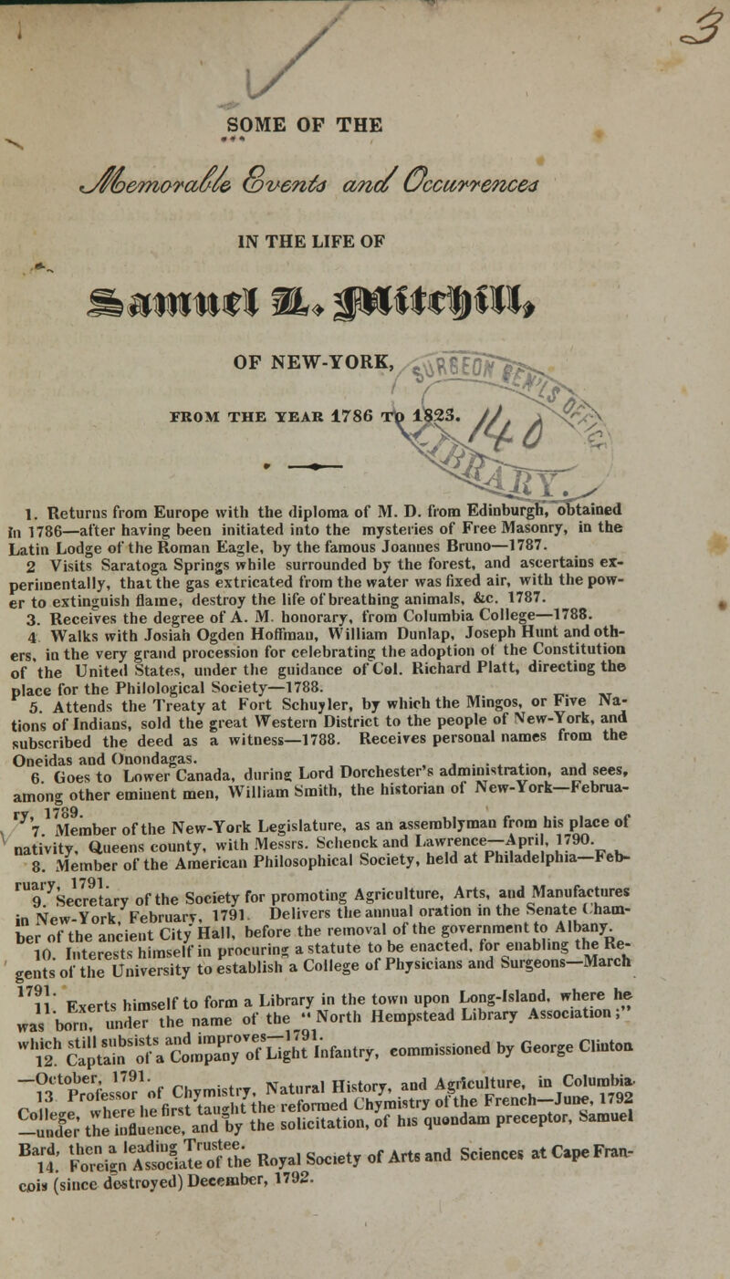 SOME OF THE iyfbemorauc& tovenfa ana Occurrence* IN THE LIFE OF OP NEW-YORK, §SR8 FROM THE YEAR 1786 1. Returns from Europe with the diploma of M. D. from Edinburgh, obtained In 1786—after having been initiated into the mysteries of Free Masonry, in the Latin Lodge of the Roman Eagle, by the famous Joannes Bruno—1787. 2 Visits Saratoga Springs while surrounded by the forest, and ascertains ex- perimentally, that the gas extricated from the water was fixed air, with the pow- er to extinguish flame, destroy the life of breathing animals, &c. 1787. 3. Receives the degree of A. M. honorary, from Columbia College—1788. 4 Walks with Josiah Ogden Hoffman, William Dunlap, Joseph Hunt and oth- ers, in the very grand procession for celebrating the adoption ol the Constitution of the United States, under the guidance of Col. Richard Piatt, directing the place for the Philological Society—1788. 5. Attends the Treaty at Fort Schuyler, by which the Mingos, or Five Na- tions of Indians, sold the great Western District to the people of New-York, and subscribed the deed as a witness—1788. Receives personal names from the Oneidas and Onondagas. m . ■ 6 Goes to Lower Canada, during Lord Dorchester's administration, and sees, among other eminent men, William Smith, the historian ot New-York—Februa- 17 7 Member of the New-York Legislature, as an assemblyman from his place of nativity. Queens county, with Messrs. Schenck and I^nce-April, J790- 8. Member of the American Philosophical Society, held at Philadelphia—Feb- ^^SeVretary of the Society for promoting Agriculture, Arts, and Manufactures in New-York, February, 1791. Delivers the annual oration in the Senate (ham- W of the ancient City Hall, before the removal of the government to Albany. 10 Interests hmS i„ procuring a statute to be enacted, for enabling the Re- gent of tirUniversity to e^tablislTa College of Physicians and Surgeons-March 1?n Exerts himself to form a Library in the town upon Long-Island, where he was born under the name of the -North Hempstead Library Assoc.at.on; £ CapST of:.o^^hUnfantry, commissioned by George CHutoa —October, 1791. Natural History, and Agriculture, in Columbia- BM' ^t5ti5ft.»^*«-r*i*** Science, «<*.*» cms (since destroyed) December, 1792.