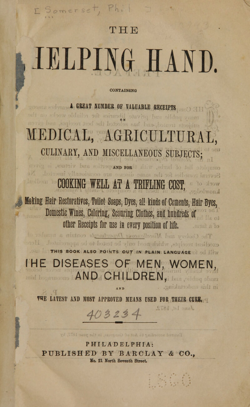 THE lELPIIGr HAND. CONTAINING A GREAT NUMBER OF VALUABLE RECEIPTS ON MEDICAL, AGRICULTURAL, CULINARY, AND MISCELLANEOUS SUBJECTS; AND FOR COOKING WELL AT A TRIFLING COST, Mu Hair Restoratives, Toilet Soaps, Dyes, al! kinds of Cements, Hair Byes, Domestic Wines, Coloring, Scouring Clones, ani innirefls of otter Receipts for nse in eyery position of life. THIS BOOK ALSO POINTS OUT IN PLAIN LANGUAGE I HE DISEASES OF MEN, WOMEN, AND CHILDREN, AND • .JjlllyiJJJ'f'. MMUI 8Jlii ni THE LATEST AJVD MUST APPROVED MEANS USED FOR THEIR CURE. . _ . * j .&T8I nusV. PHILADELPHIA: PUBLISHED BY BARCLAY Ho. 21 North Seventh Street. & CO.,