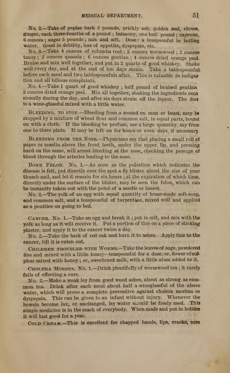 No. 2.—Take of poplar bark 3 pounds, prickly ash, golden s«al, cloves, ginger, each three-fourths of a pound ; balmony, one half pound ; cayenne, 6 ounces ; sugar 5 pounds ; mix and sift. Dose: a teaspoonful in boiling water. Good in debility, loss of appetite, dyspepsia, etc. No. 3.—Take 4 ounces of columba root; 2 ounces wormwood ; 2 ounces tansy ; 2 ounces quassia ; 6 ounces gentian ; 4 ounces dried orange peel. Bruise and mix well together, and put in 2 quarts of good whiskey. Shake well every day, and at the end of ten days strain. Take a tablespoonful before each meal and two tablespoonfuls after. This is valuable in indiges- tion and all bilious complaints. No. 4—Take 1 quart of good whiskey ; half pound of bruised gentian, 2 ounces dried orange peel. Mix all together, shaking the ingredients occa sionally during the day, and after six days strain off the liquor. The do£< is a wine-glassful mixed with a little water. Bleeding, to stop.—Bleeding from a wound on man or beast, may bi stopped by a mixture of wheat flour and common salt, in equal parts, bound on with a cloth. If the bleeding be profuse, use a large quantity, say from one to three pints. It may be left on for hours or even days, if necessary. Bleeding from the Nose.—Physicians say that placing a small roll of paper or muslin above the front teeth, under the upper lip, and pressing hard on the same, will arrest bleeding at the nose, checking the passage of blood through the arteries leading to the nose. Bone Felon. No. 1.—As soon as the pulsation which indicates the disease is felt, put directly over the spot a fly blister about the size of your thumb nail, and let it remain for six hours ; at the expiration of which time, directly under the surface of the blister, may be seen the felon, which can be instantly taken out with the point of a needle or lancet. No. 2.—The yolk of an egg with equal quantity of home-made soft-soap, and common salt, and a teaspoonf ul of turpentine, mixed well and applied as a poultice on going to bed. Cancer. No. 1.—Take an egg and break it; put in salt, and mix with the yolk as long as it will receive it. Put a portion of this on a piece of sticking plaster, and apply it to the cancer twice a day. No. 2.—Take the bark of red oak and burn it to ashes. Apply this to the cancer, till it is eaten out. Children troubled with Worms.—Take the leaves of sage, powdered fine and mixed with a little honey—teaspoonf ul for a dose; or, flower of sul- phur mixed with honey ; or, sweetened milk, with a little alum added to it. Cholera Morbus. No. 1.—Drink plentifully of wormwood tea; it rarely fails of effecting a cure. No. 2.—Make a weak ley from good wood ashes, about as strong as com- mon tea. Drink after each meal about half a wineglassful of the above water, which will prove a complete preventive against cholera morbus or dyspepsia. This can be given to an infant without injury. Whenever the bowels become lax, or unchanged, ley water sliould be freely used. This simple medicine is in the reach of everybody. When made and put in bottles it will last good for a year. Cold Cream.—This is excellent for chapped hands, lips, cracks, sore