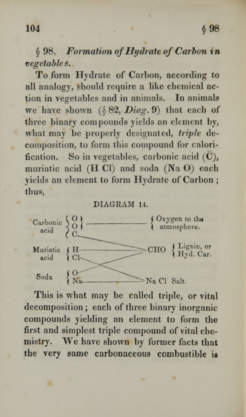 § 98. Formation of Hydrate of Carbon in vegetables. To form Hydrate of Carbon, according to all analogy, should require a like chemical ac- tion in vegetables and in animals. In animals we have shown (§ 82, Diag. 9) that each of three binary compounds yields an element by, what may be properly designated, triple de- composition, to form this compound for calori- fication. So in vegetables, carbonic acid (C), muriatic acid (H CI) and soda (Na O) each yields an element to form Hydrate of Carbon ; thus, DIAGRAM 14. Carbonic acid Muriatic acid Soda ( Oxygen to tha \ atmosphere. \ Hyd. Car. ^-NaCl Salt. This is what may be called triple, or vital decomposition; each of three binary inorganic compounds yielding an element to form the first and simplest triple compound of vital che- mistry. We have shown by former facts that the very same carbonaceous combustible is