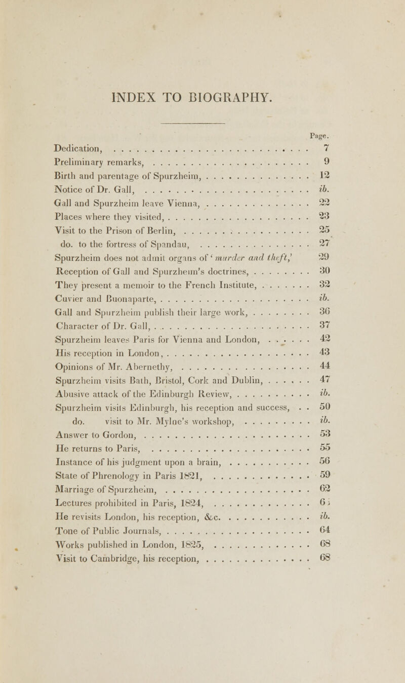 INDEX TO BIOGRAPHY. Page. Dedication, 7 Preliminary remarks, 9 Birth and parentage of Spurzheim, 12 Notice of Dr. Gall, ib. Gall and Spurzheim leave Vienna, 22 Places where they visited, 23 Visit to the Prison of Berlin, 25 do. to the fortress of Spandau, 27 Spurzheim does not admit organs of' murder and theft,' 29 Reception of Gall and Spurzheim's doctrines, 30 They present a memoir to the French Institute, 32 Cuvier and Buonaparte, ib. Gall and Spurzheim publish their large work, 3G Character of Dr. Gall, 37 Spurzheim leaves Paris for Vienna and London, 42 His reception in London, 43 Opinions of Mr. Ahernethy, 44 Spurzheim visits Bath, Bristol, Cork and Dublin, 47 Abusive attack of the Edinburgh Review, ib. Spurzheim visits Edinburgh, his reception and success, . . 50 do. visit to Mr. Mylne's workshop, ib. Answer to Gordon, 53 He returns to Paris, 55 Instance of his judgment upon a brain, 5G State of Phrenology in Paris 1821, 59 Marriage of Spurzheim, 62 Lectures prohibited in Paris, 1824, 6; He revisits London, his reception, &c ib. Tone of Public Journals, 64 Works published in London, 1825, 08 Visit to Cambridge, his reception, 68