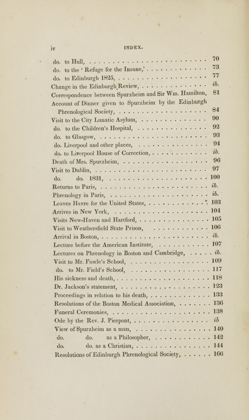 JV INDEX. do. to Hull, 70 do. to the ■ Refuge for the Insane,' 73 do. to Edinburgh 1825, 77 Change in the Edinburgh Review, ™- Correspondence between Spurzheim and Sir Wm. Hamilton, 81 Account of Dinner given to Spurzheim by the Edinburgh Phrenological Society, °^ Visit to the City Lunatic Asylum, 90 do. to the Children's Hospital, 92 do. to Glasgow, 93 do. Liverpool and other places, 94 do. to Liverpool House of Correction, ib. Death of Mrs. Spurzheim, 96 Visit to Dublin, 97 do. do. 1831, '100 Returns to Paris, *». Phrenology in Paris, ib- Leaves Havre for the United States, * 103 Arrives in New York, 104 Visits New-Haven and Hartford, 105 Visit to Weathersfield State Prison, 106 Arrival in Boston, ib- Lecture before the American Institute, 107 Lectures on Phrenology in Boston and Cambridge, ib. Visit to Mr. Fowle's School, 109 do. to Mr. Field's School, 117 His sickness and death, 118 Dr. Jackson's statement, 123 Proceedings in relation to his death, 133 Resolutions of the Boston Medical Association, 136 Funeral Ceremonies, 138 Ode by the Rev. J. Pierpont, ib View of Spurzheim as a man, 140 do. do. as a Philosopher, 142 do. do. as a Christian, 144 Resolutions of Edinburgh Phrenological Society, 166