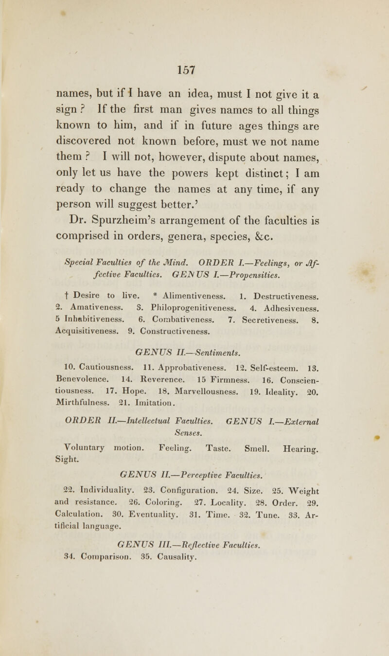 names, but if I have an idea, must I not give it a sign ? If the first man gives names to all things known to him, and if in future ages things are discovered not known before, must we not name them ? I will not, however, dispute about names, only let us have the powers kept distinct; I am ready to change the names at any time, if any person will suggest better.' Dr. Spurzheim's arrangement of the faculties is comprised in orders, genera, species, &c. Special Faculties of the Mind. ORDER I.—Feelings, or Af- fective Faculties. GENUS I.—Propensities. t Desire to live. * Alimentiveness. 1. Destructiveness. 2. Amativeness. S. Philoprogenitiveness. 4. Adhesiveness. 5 Inhabitiveness. 6. Cornbativeness. 7. Secretiveness. 8. Acquisitiveness. 9. Constructiveness. GENUS II—Sentiments. 10. Cautiousness. 11. Approbativeness. 12. Self-esteem. 13. Benevolence. 14. Reverence. 15 Firmness. 16. Conscien- tiousness. 17. Hope. 18. Marvellousness. 19. Ideality. 20. Mirthfulness. 21. Imitation. ORDER II.—Intellectual Faculties. GENUS I.—External Senses. Voluntary motion. Feeling. Taste. Smell. Hearing. Sight. GENUS II.—Perceptive Faculties. 22. Individuality. 23. Configuration. 24. Size. 25. Weight and resistance. 26. Coloring. 27. Locality. 28. Order. 29. Calculation. 30. Eventuality. 31. Time. 32. Tune. 33. Ar- tificial language. GENUS III.—Reflective Faculties. 34. Comparison. 35. Causality.