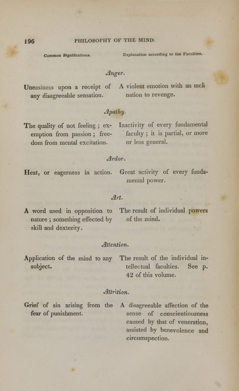 Common Significations. Explanation according to the Faculties. Anger. Uneasiness upon a receipt of A violent emotion with an mcli any disagreeable sensation. nation to revenge. Apathy. The quality of not feeling ; ex- Inactivity of every fundamental emption from passion ; free- faculty ; it is partial, or more dom from mental excitation. or less general. Ardor. Heat, or eagerness in action. Great activity of every funda- mental power. Art. A word used in opposition to The result of individual powers nature ; something effected by of the mind, skill and dexterity. Attention. Application of the mind to any The result of the individual in- subject, tellectual faculties. See p. 42 of this volume. Attrition. Grief of sin arising from the A disagreeable affection of the fear of punishment. sense of conscientiousness caused by that of veneration, assisted by benevolence and circumspection.
