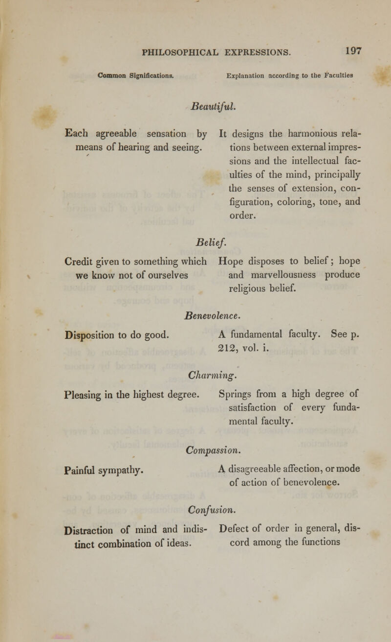 Common Significations. Explanation according to the Faculties Beautiful. Each agreeable sensation by It designs the harmonious rela- means of hearing and seeing. tions between external impres- sions and the intellectual fac- ulties of the mind, principally the senses of extension, con- figuration, coloring, tone, and order. Belief. Credit given to something which Hope disposes to belief; hope we know not of ourselves and marvellousness produce religious belief. Benevolence. Disposition to do good. A fundamental faculty. See p. 212, vol. i. Charming. Pleasing in the highest degree. Springs from a high degree of satisfaction of every funda- mental faculty. Compassion. Painful sympathy. A disagreeable affection, or mode of action of benevolence. Confusion. Distraction of mind and indis- Defect of order in general, dis- tinct combination of ideas. cord among the functions