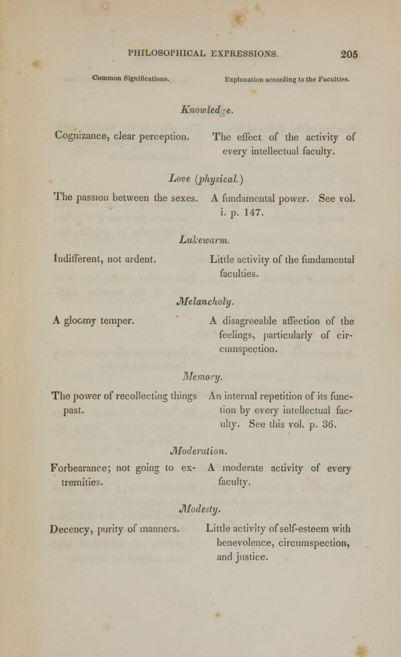 Common Significations. Explanation according to the Faculties. Knowledge. Cognizance, clear perception. The effect of the activity of every intellectual faculty. Love (physical.) The passion between the sexes. A fundamental power. See vol. i. p. 147. Lukewarm. Indifferent, not ardent. Little activity of the fundamental faculties. Melancholy. A gloomy temper. A disagreeable affection of the feelings, particularly of cir- cumspection. Memory. The power of recollecting things An internal repetition of its func- past. tion by every intellectual fac- ulty. See this vol. p. 36. Moderation. Forbearance; not going to ex- A moderate activity of every tremities. faculty. Modesty. Decency, purity of manners. Little activity of self-esteem with benevolence, circumspection, and justice.