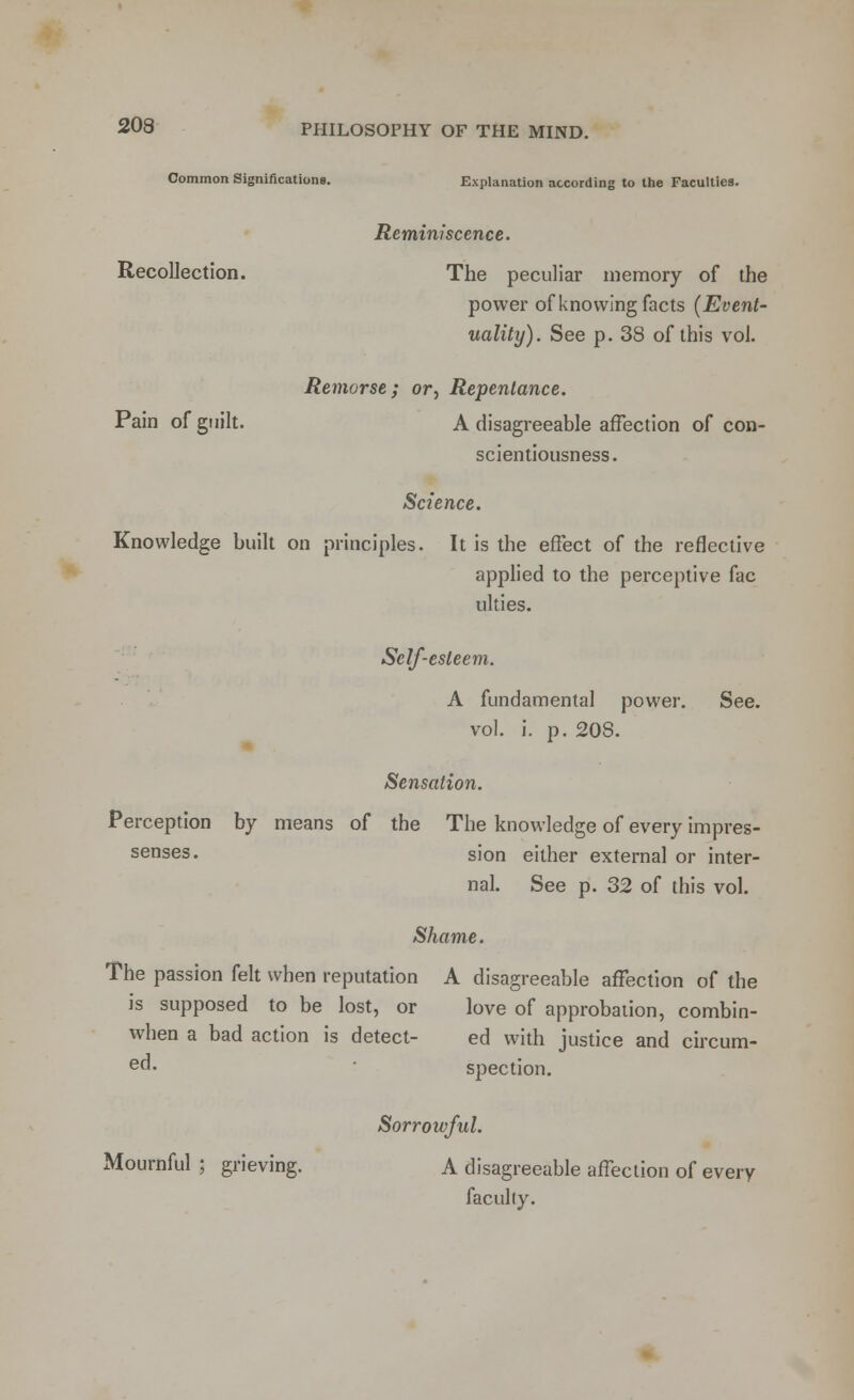 Common Significations. Explanation according to the Faculties. Reminiscence. Recollection. The peculiar memory of the power of knowing facts (Event- uality). See p. 38 of this vol. Remorse; or. Repentance. Pain of guilt. A disagreeable affection of con- scientiousness. Science. Knowledge built on principles. It is the effect of the reflective applied to the perceptive fac ulties. Self-esteem. A fundamental power. See. vol. i. p. 208. Sensation. Perception by means of the The knowledge of every impres- senses. sion either external or inter- nal. See p. 32 of this vol. Shame. The passion felt when reputation A disagreeable affection of the is supposed to be lost, or love of approbation, combin- when a bad action is detect- ed with justice and circum- ed- spection. Sorrowful. Mournful ; grieving. A disagreeable affection of every faculty.