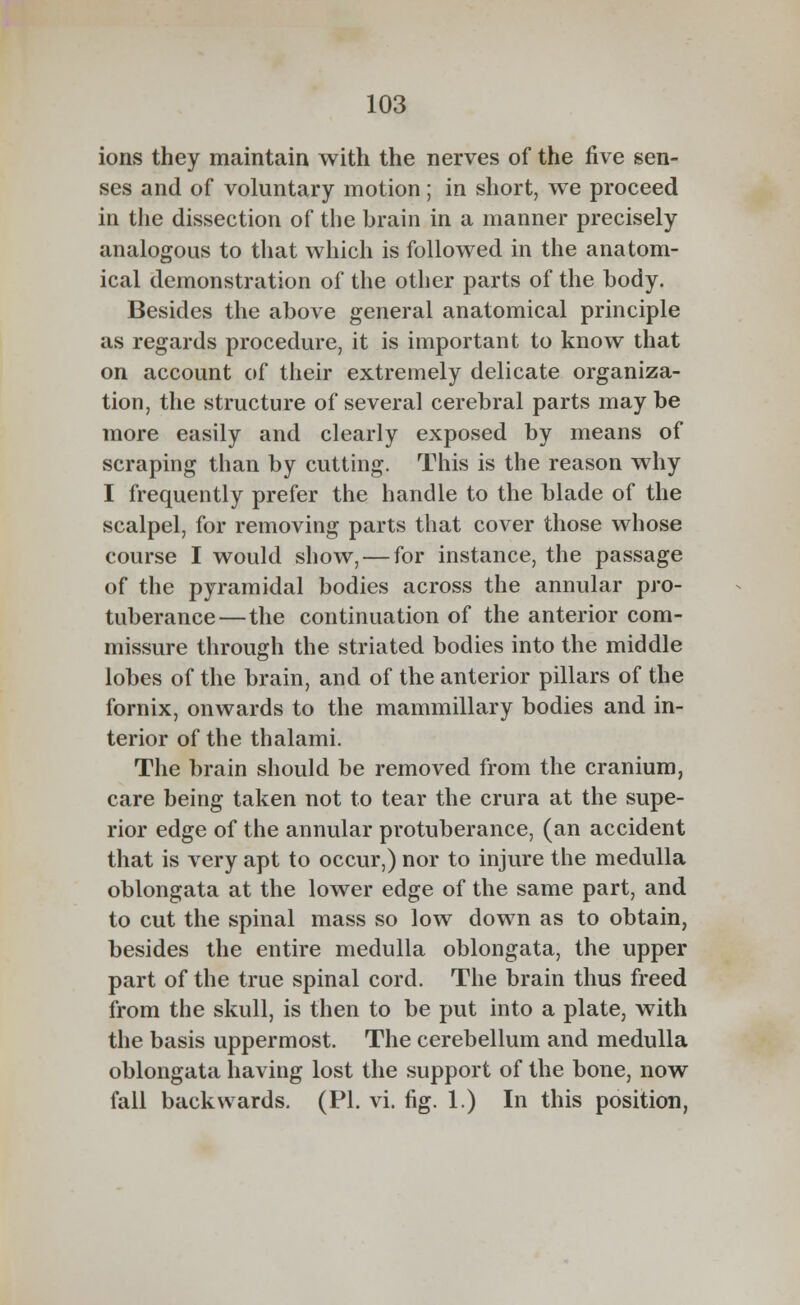 ions they maintain with the nerves of the five sen- ses and of voluntary motion; in short, we proceed in the dissection of the brain in a manner precisely analogous to that which is followed in the anatom- ical demonstration of the other parts of the body. Besides the above general anatomical principle as regards procedure, it is important to know that on account of their extremely delicate organiza- tion, the structure of several cerebral parts may be more easily and clearly exposed by means of scraping than by cutting. This is the reason why I frequently prefer the handle to the blade of the scalpel, for removing parts that cover those whose course I would show, — for instance, the passage of the pyramidal bodies across the annular pro- tuberance—the continuation of the anterior com- missure through the striated bodies into the middle lobes of the brain, and of the anterior pillars of the fornix, onwards to the mammillary bodies and in- terior of the thalami. The brain should be removed from the cranium, care being taken not to tear the crura at the supe- rior edge of the annular protuberance, (an accident that is very apt to occur,) nor to injure the medulla oblongata at the lower edge of the same part, and to cut the spinal mass so low down as to obtain, besides the entire medulla oblongata, the upper part of the true spinal cord. The brain thus freed from the skull, is then to be put into a plate, with the basis uppermost. The cerebellum and medulla oblongata having lost the support of the bone, now fall backwards. (PI. vi. fig. 1.) In this position,