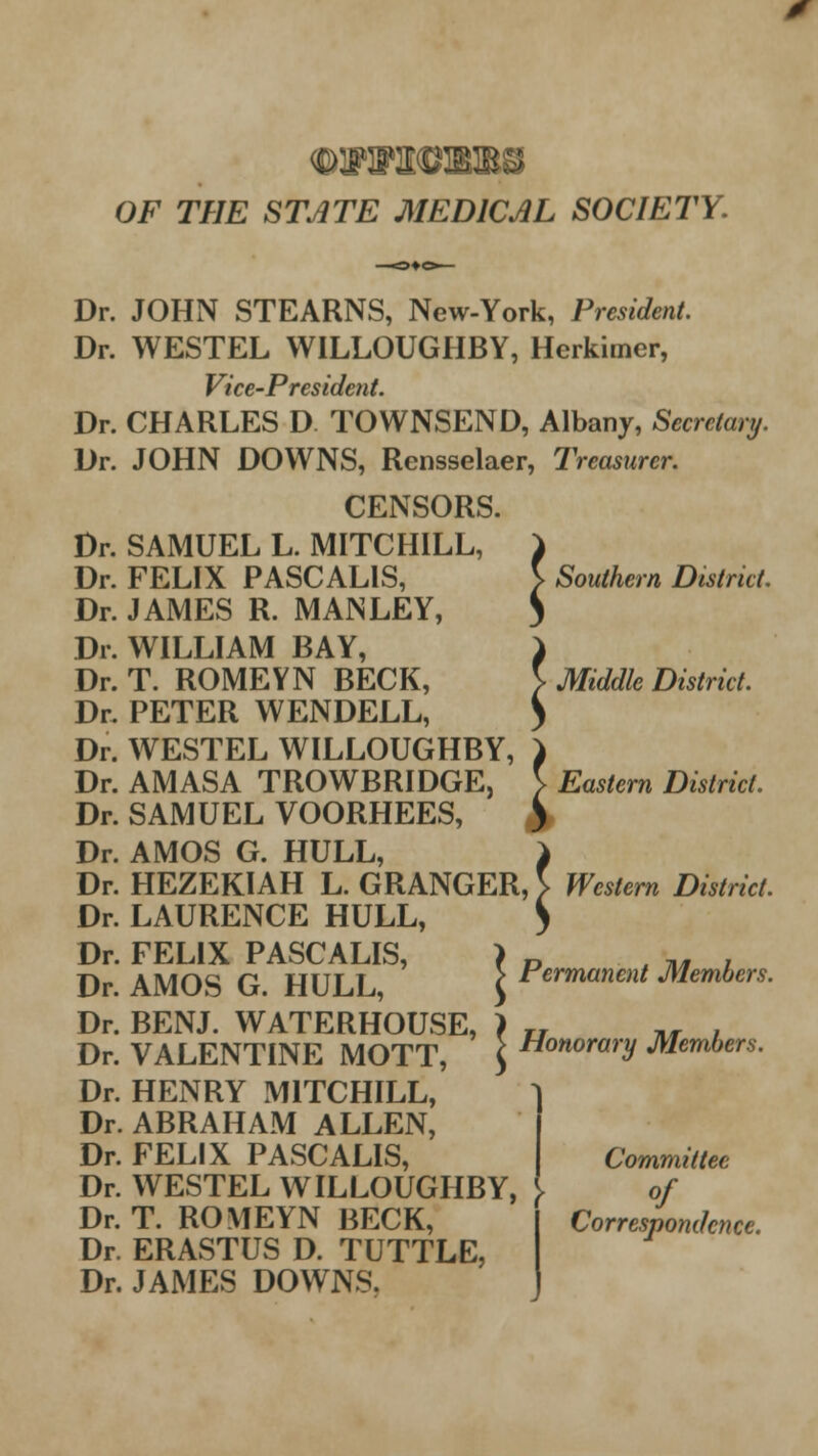 mm OF THE STATE MEDICAL SOCIETY. Southern District. Middle District. Dr. JOHN STEARNS, New-York, President. Dr. WESTEL WILLOUGHBY, Herkimer, Vice-President. Dr. CHARLES D TOWNSEND, Albany, Secretary. Dr. JOHN DOWNS, Rensselaer, Treasurer. CENSORS. Dr. SAMUEL L. MITCH1LL, Dr. FELIX PASCAL1S, Dr. JAMES R. MAN LEY, Dr. WILLIAM BAY, Dr. T. ROMEYN BECK, Dr. PETER WENDELL, Dr. WESTEL WILLOUGHBY, Dr. AMASA TROWBRIDGE Dr. SAMUEL VOORHEES Dr. AMOS G. HULL, Dr. HEZEKIAH L. GRANGER, Dr. LAURENCE HULL, Dr. FELIX PASCALIS, Dr. AMOS G. HULL, Dr. BENJ. WATERHOUSE, Dr. VALENTINE MOTT, Dr. HENRY M1TCHILL, Dr. ABRAHAM ALLEN, Dr. FELIX PASCALIS, Dr. WESTEL WILLOUGHBY, Dr. T. ROMEYN BECK, Dr. ERASTUS D. TUTTLE, Dr. JAMES DOWNS. IBY, ) >E, 5, S Eastern District. Western District. Permanent Members. > Honorary Members. Committee I of Correspondence.