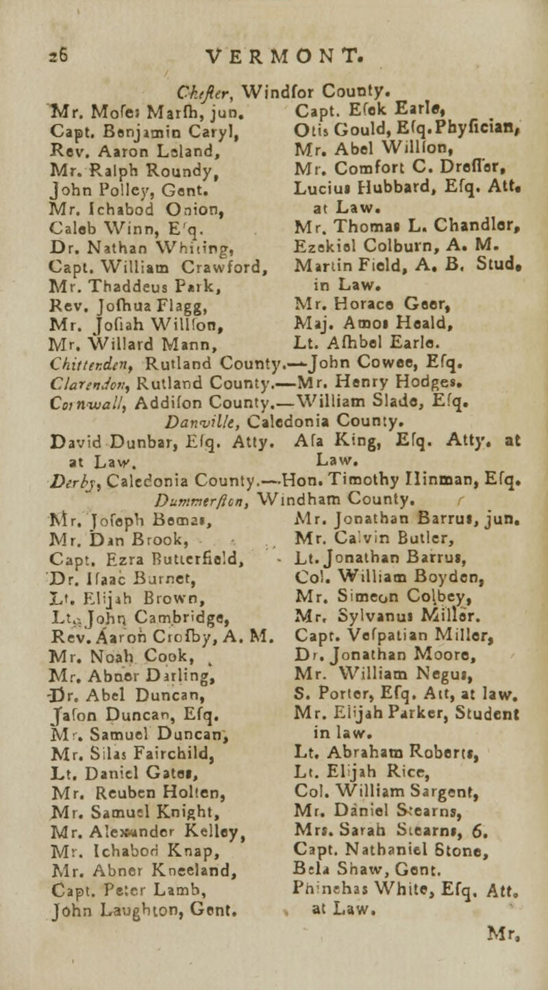Chjier, Windfor County. Mr, Morei Marfh, jun. Capt. Efek Earle, Capt, Benjamin Caryl, Rev, Aaron Lsland, Mr. Ralph Roundy, John Policy, Gant. Mr, Ichabod Onion, Calab Winn, E'q. Dr. Nathan Whiting, Capl, William Crawford, Mr. Thaddeu8 P«rk. Rev, Jofhua Flagg, Mr. Jofiah Willlon, Mr. Willard Mann, Chitier.den, Rutland County.—John Cowee, Efq. ClarttJo:, Rutland County.—Mr. Henry Hodges. Coin-wall, Addifon County.—William Slade, Efq. Darfvilk, Caledonia County. David Dunbar, Efq. Atty, Afa King, Efq. Atty, at at Law, Law. Derhj, Caledonia County.—Hon. Timothy Ilinman, Efq. Dumnttrfton, Windham County. Otis Gould, Efq.Phyfician, Mr. Abel Willlon, Mr. Comfort C. Droffor, Luciut Hubbard, Efq. Alt. at Law. Mr. Thomat L. Chandler, Ezekisl Colbuvn, A. M. Martin Field, A. B. Stud, in Law. Mr. Horace Geer, Maj. Amoi Heald, Lt. Afhbel Earle. Kir, Jofeph Booiai, Mr. bin Brook, Capt, Ezra Rutierfield, Dr. Ifaac Barnet, L'. Elijih Brown, \Ac, Johi^ Cambridge, Rev. Aaron Ciofby, A, Mr. Noah Cook, . M.% Abner Darling, -Dr, Abel Duncan, Jafon Duncan, Efq. Mv, Samuel Duncan, Mr. Silas Fairchild, Lt. Daniel Gatei, Mr, Reuben Holien, Mr, Samusl Knight, Mr. A'e>«nder Kelley, Mr. Ichabori Knap, Mr. Abner Kneeland, Capt. Peter Lamb, John Laughion, Gent. Mr, Jonathan Barrui, jun. Mr. Ca'.vin Butler, - Lt. Jonathan Barruj, Co!. William Boyden, Mr. Simeon Colbey, Mr, Syivanui Millar. M. Capt. Vefpatian Miller, Dr. Jonathan Moore, Mr. William Negui, S. Porter, Efq. .Ait, at law. Mr, Elijah Parker, Student in law. Lt, Abraham Robert*, Lt. Eljah Rice, Col, William Sargent, Mr. Daniel Stearns, Mrs. Sarah Siearni, 6. Capt. Nathaniel Stone, Bda Shaw, Gent. Phinehas White, Efq. Aft. at Law.